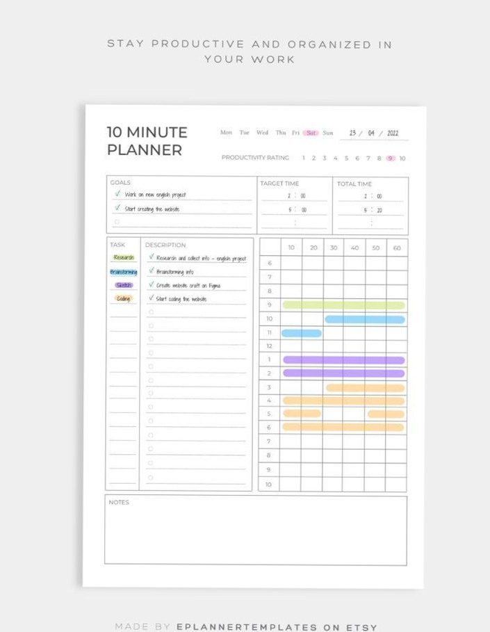 10-Minute Planner & Pomodoro Tracker | Digital/Printable Work Schedule Organizer — 📅 📌 seamless organization hack