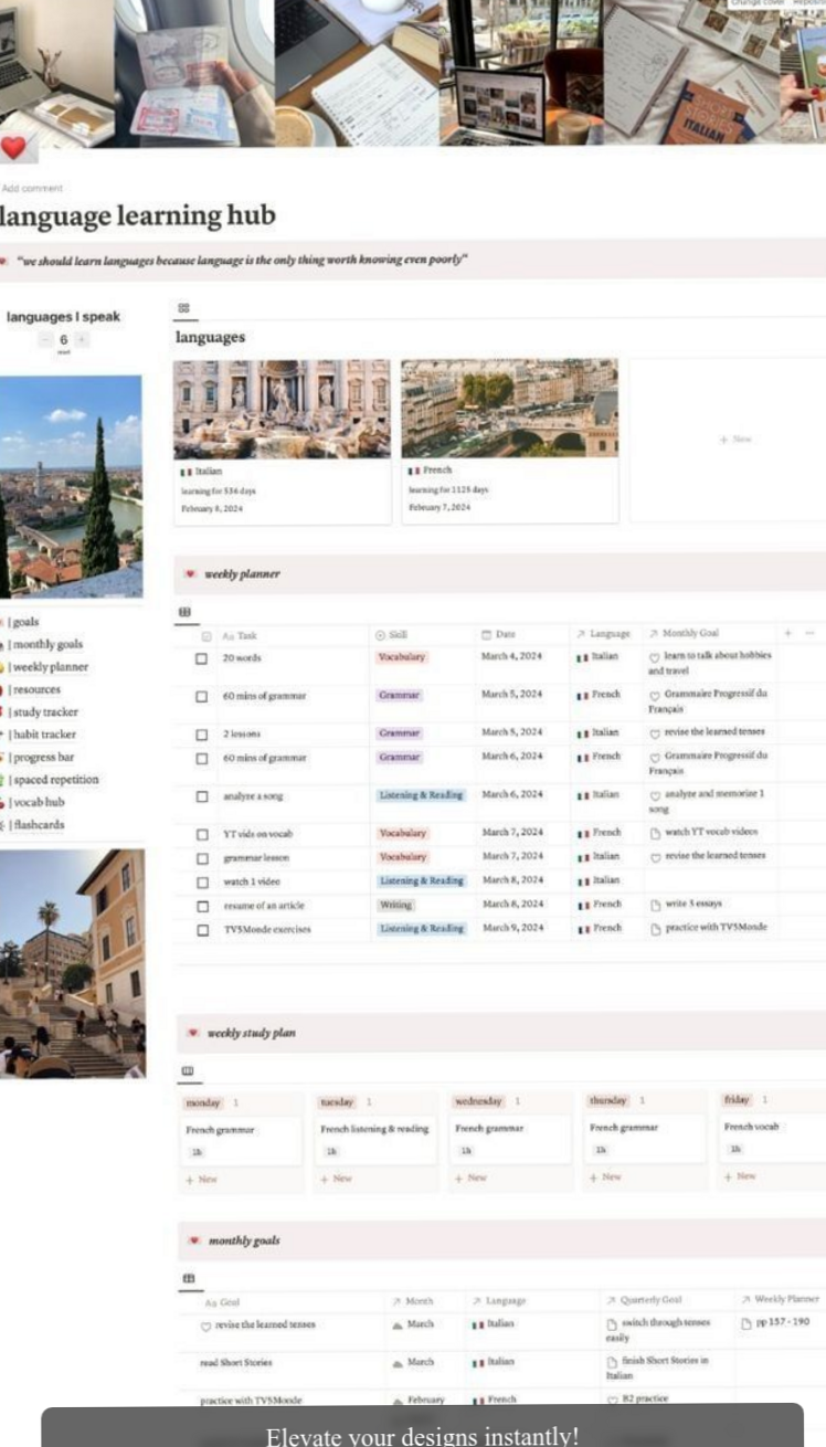 🌿 🌿 2024 Language Notion Template: Journal & Weekly Study Planner | only tool for life admin