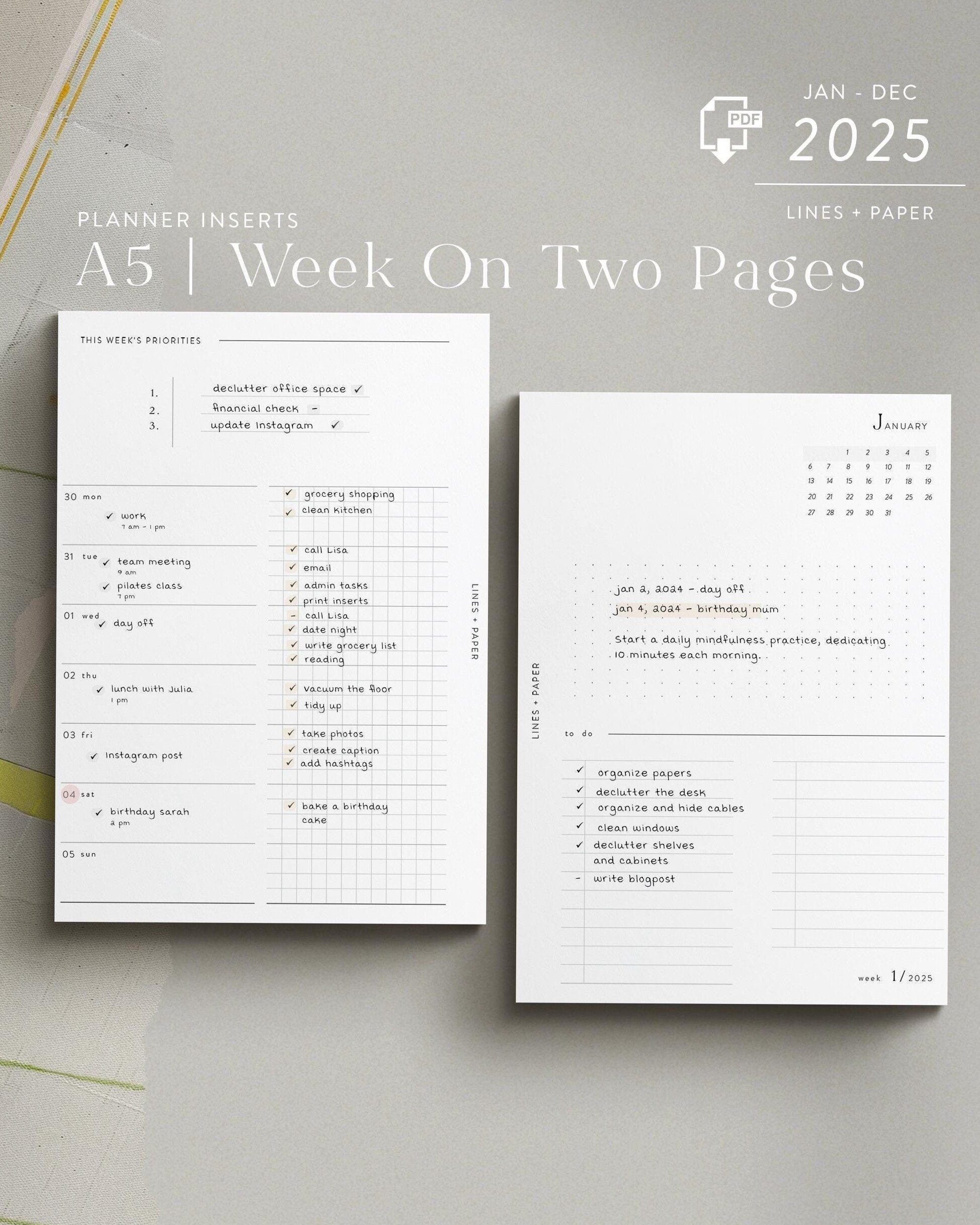✨ 🎀 A5 2025 Weekly Planner Inserts — Printable PDF | stay inspired all year long