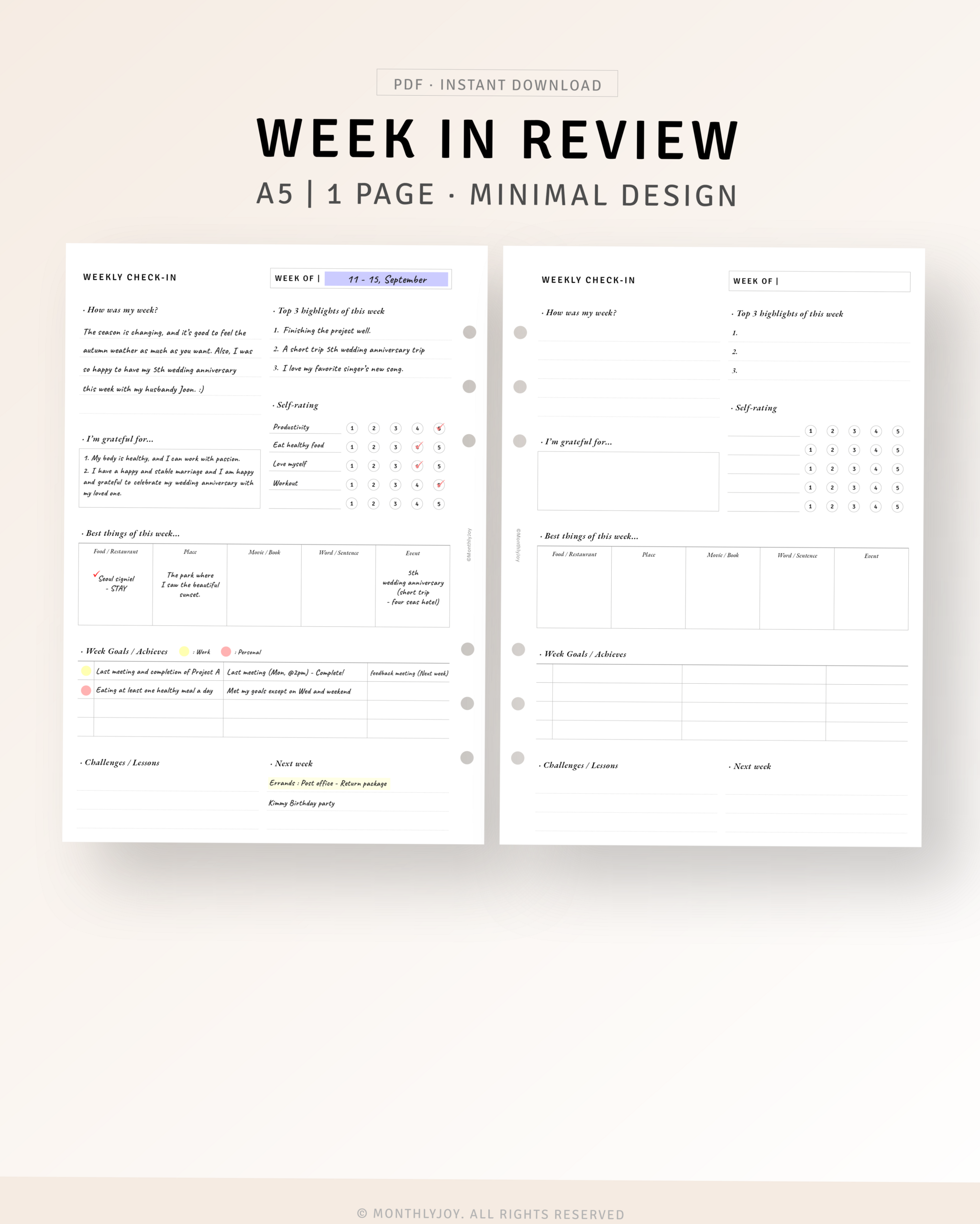 A5 Weekly Review Printable Inserts for Journaling & Planning — 📝 📊 secret to staying productive