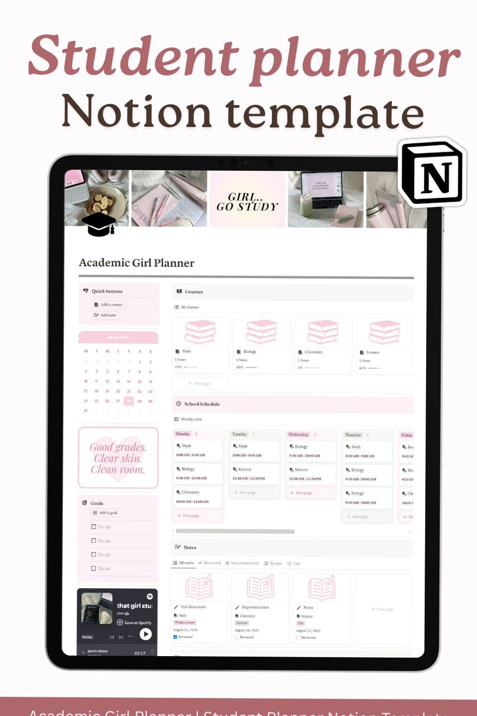 🍰 🥂 Aesthetic Notion Template for Students One Page Academic Dashboard | only tool for life admin
