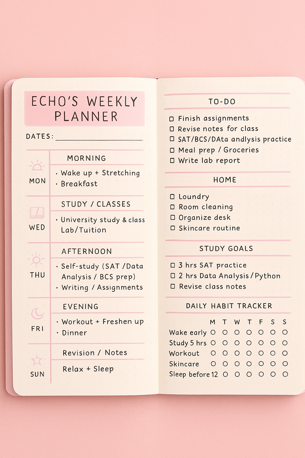 Baby Pink Weekly Planner Minimal Productive Layout — 🎀 ☁️ stay inspired all year long