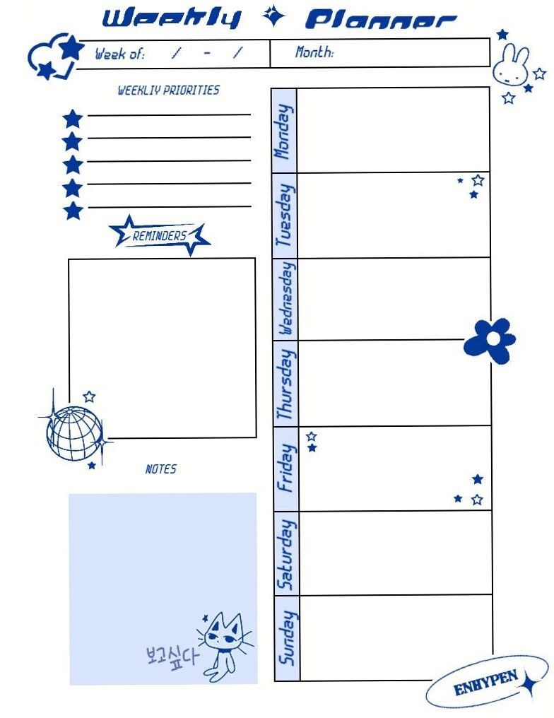 🌸 🥂 Blue Enhypen Y2K Weekly Planner Design | stay inspired all year long
