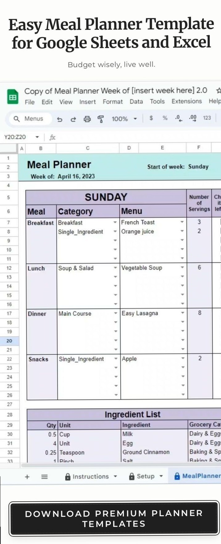 📊 📁 dream life manifestation: Easy Meal Planner Template for Google Sheets & Excel