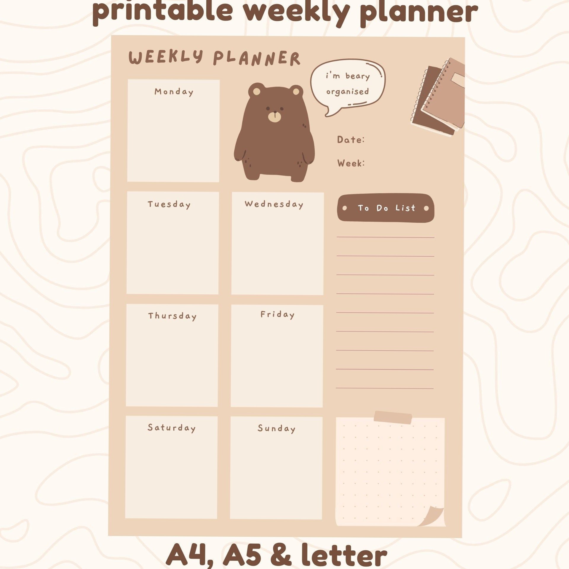 Druckbarer Bär Wochenplaner – Frei wöchentlich planen — 🎀 🎀 dream life manifestation