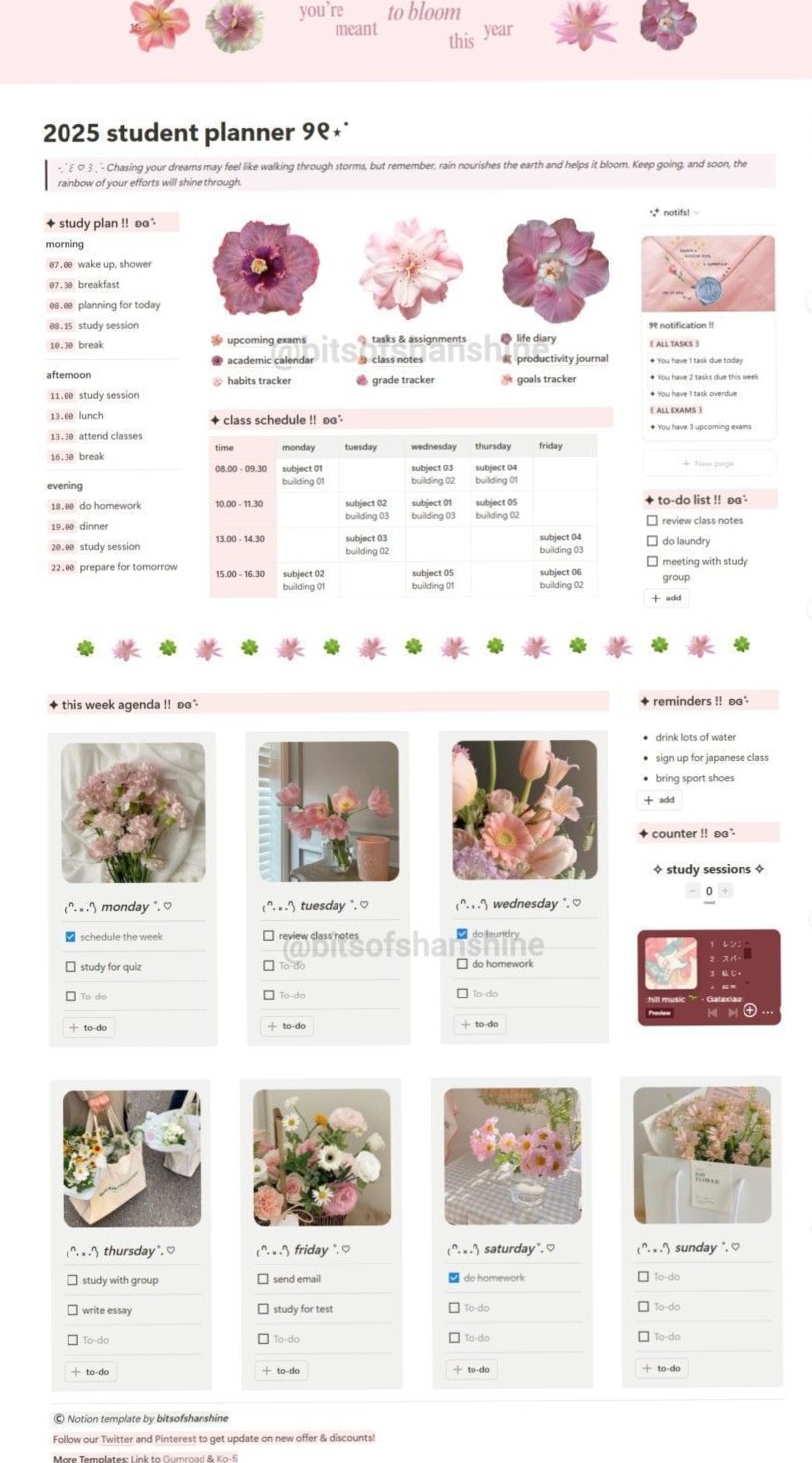 💎 🎨 game-changing digital system: Chic Pink Notion Workspace with Black Flowers & Exam Planner