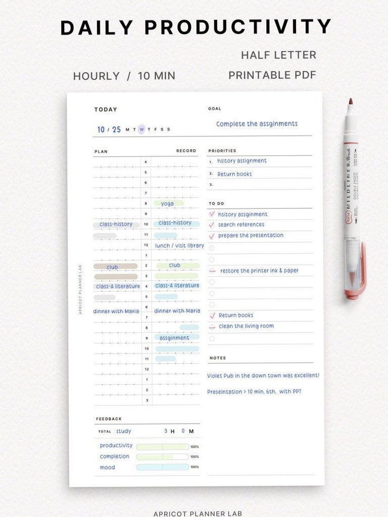 Half-Letter Daily Planner Printable Insert for Productivity & Creativity — 📌 📊 dream life manifestation
