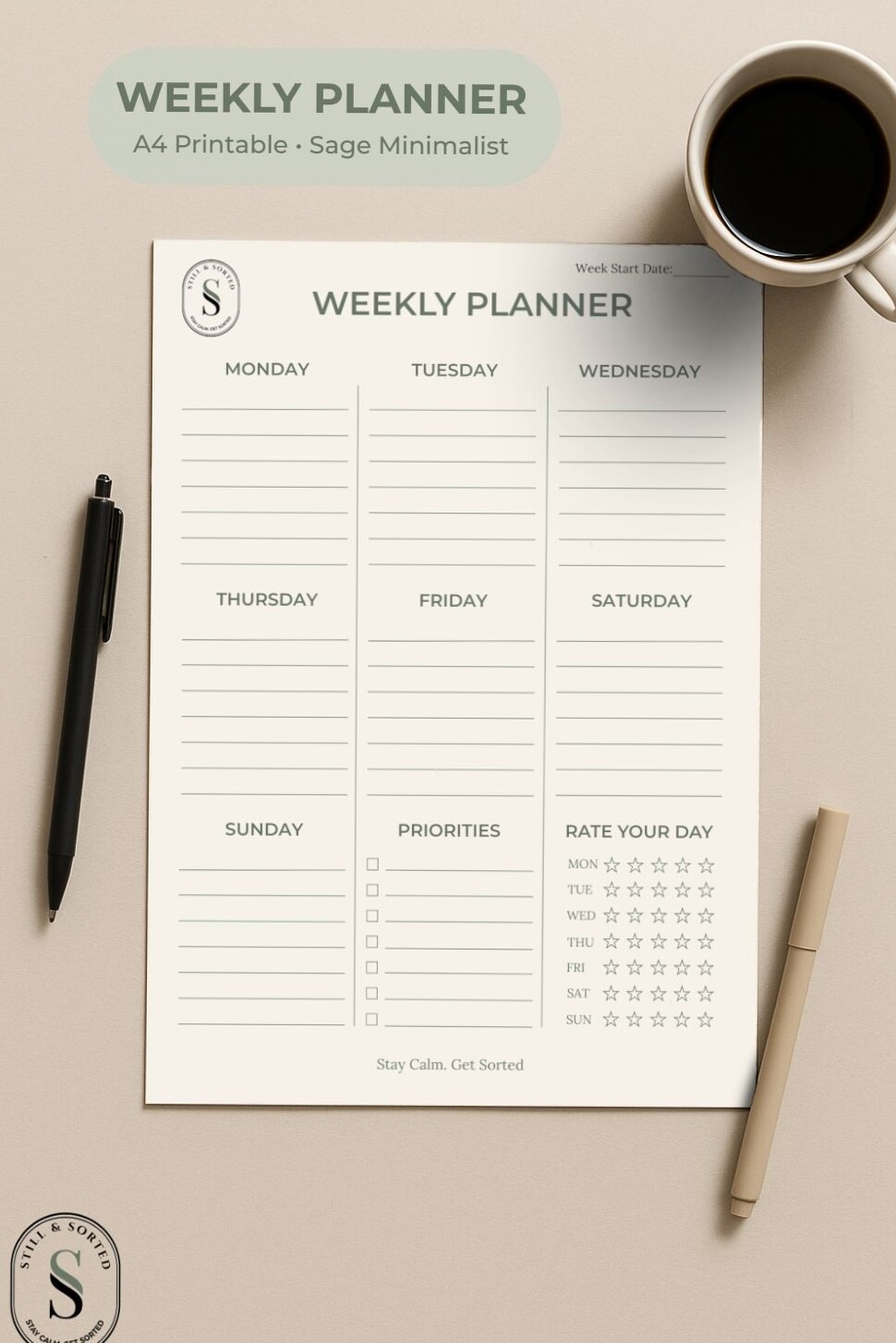 ☁️ 🤍 Minimalist Weekly Planner Printable | A4 Sage Green | secret to staying productive