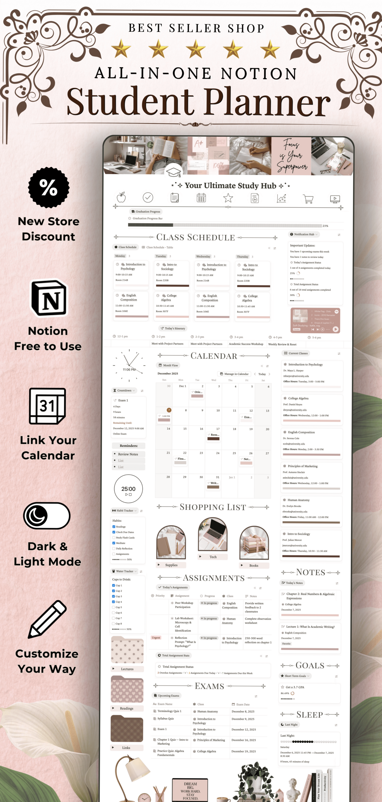 🤍 ☁️ only tool for life admin: Aesthetic Academic Notion Planner for Students