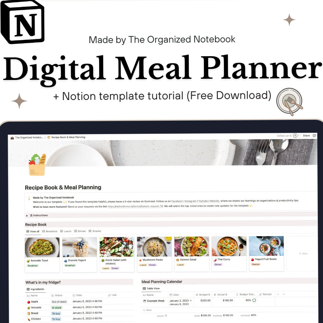 ✨ 🎀 only tool for life admin: Free Notion Recipe Book & Meal Planner Template