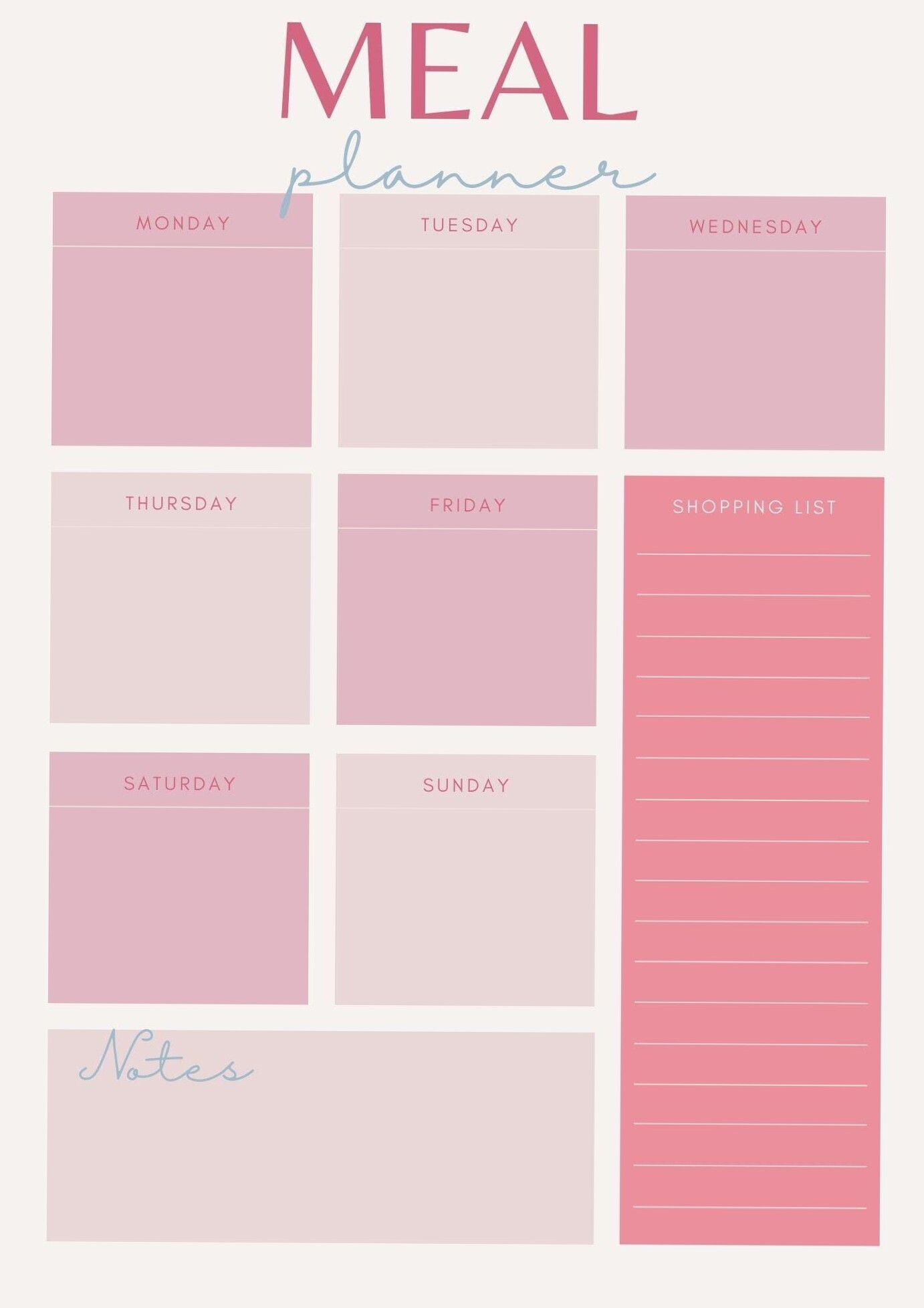🌸 🥂 Pink Weekly Meal Planner — Digital & Printable Design | romanticize your routine