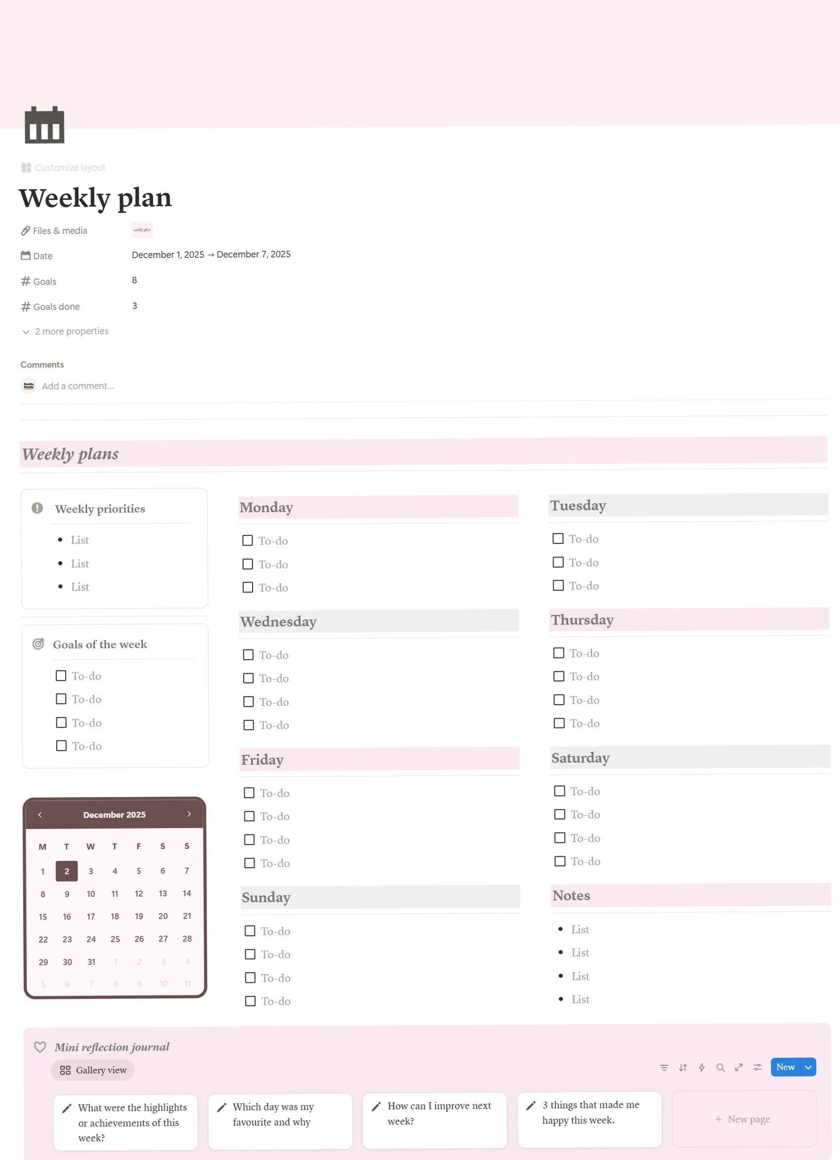 Pink Weekly Planner Dashboard | Aesthetic Notion Template — ✨ 🤍 game-changing digital system