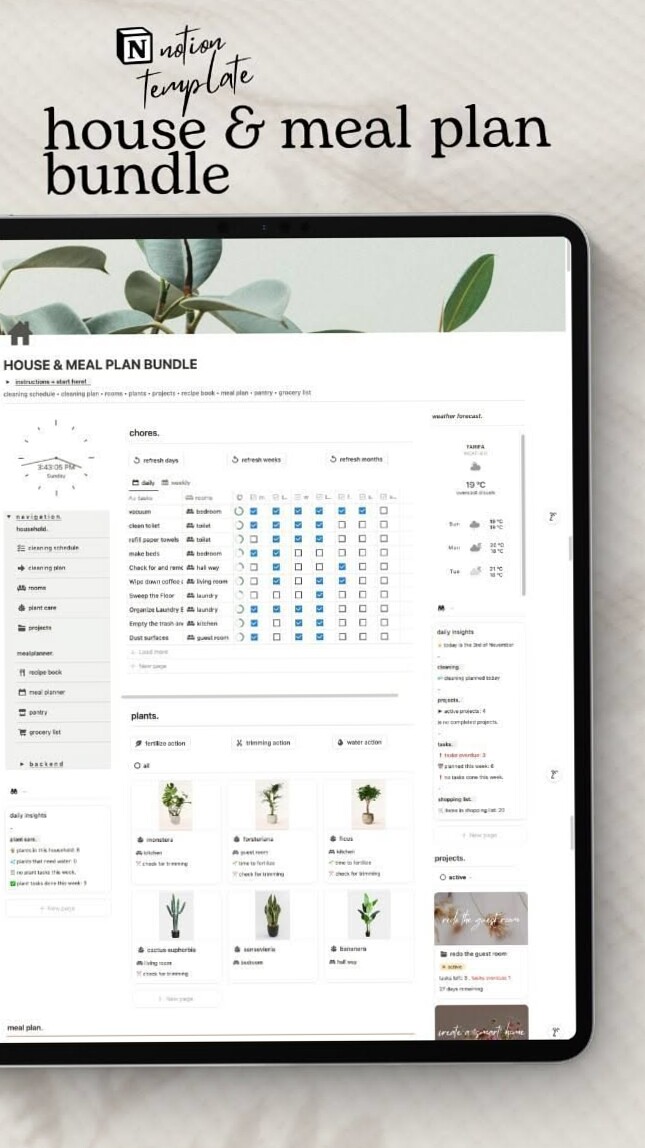 🤍 🕯️ pro digital dashboard: Streamline Home Routine with Notion Meal & Chore Planner