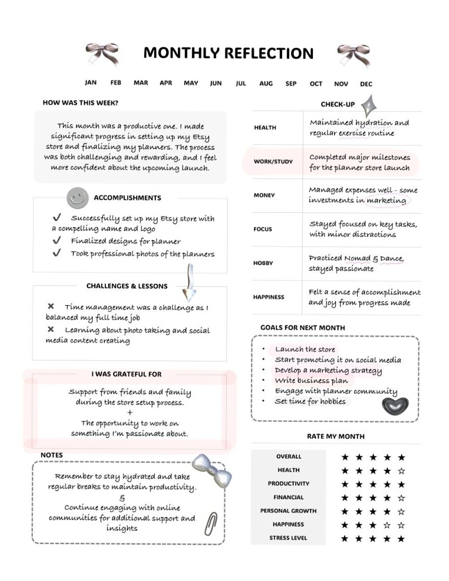 💌 👰 romanticize your routine: Monthly Reflection Planner | Y2K Minimalist Goal Setting