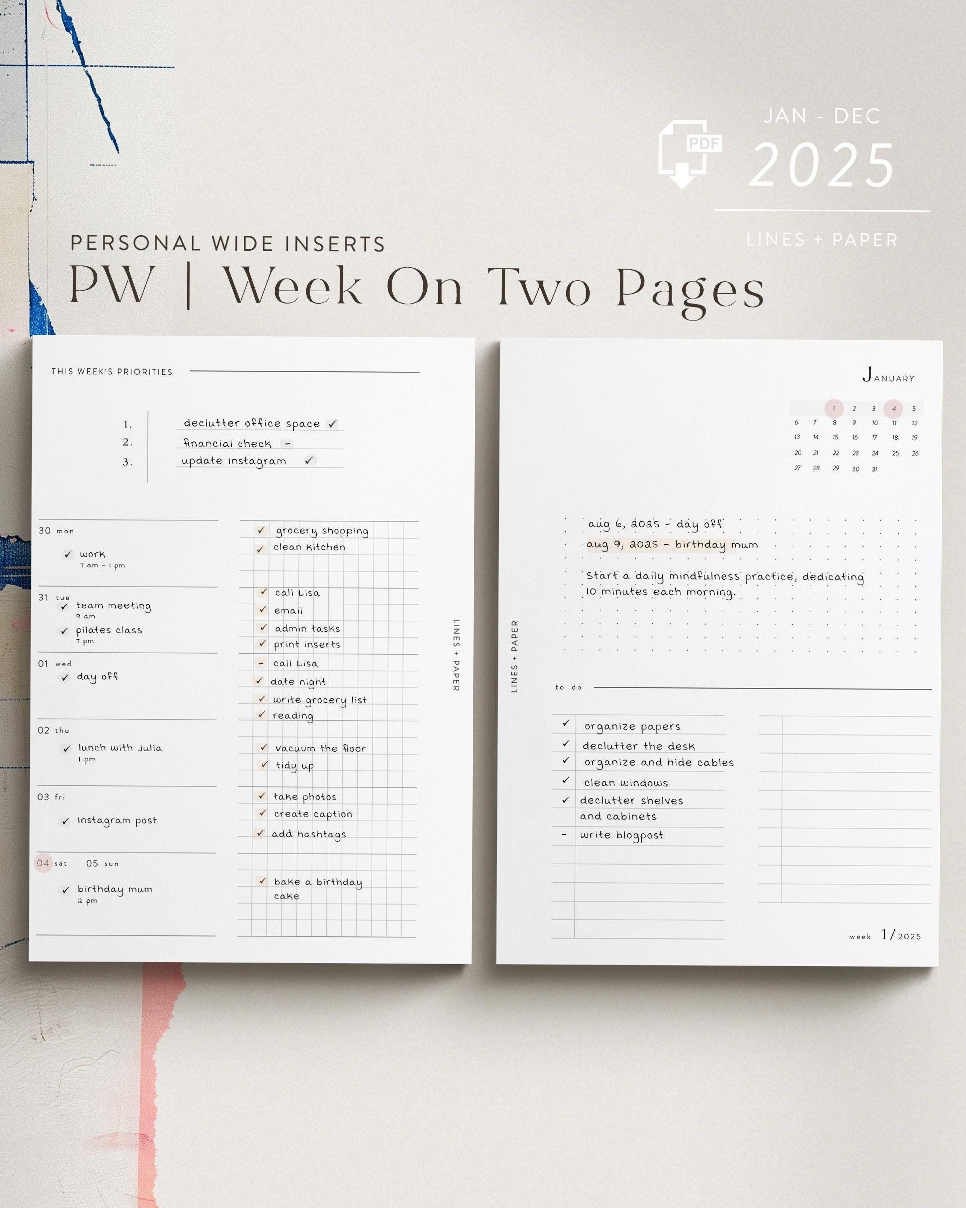 🥂 🍰 secret to staying productive: 2025 Weekly Planner Inserts — Wide Layout | WO2P