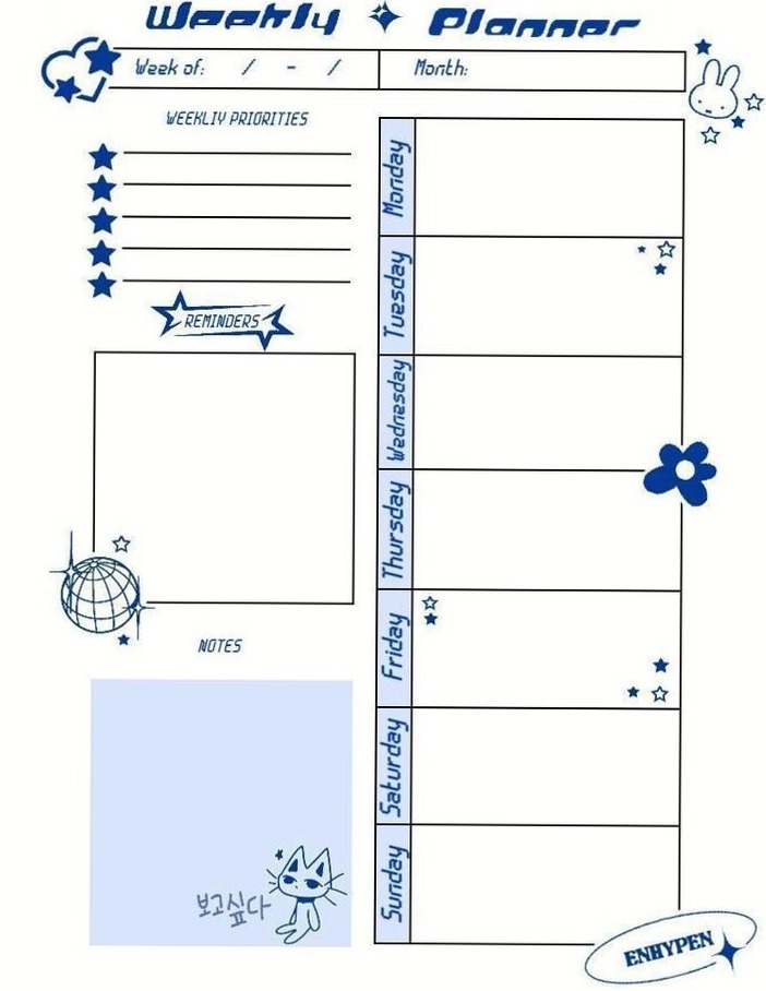🌈 🪄 secret to staying productive: Blue Enhypen Y2K 2026 Planner PDF | Monthly Weekly Meal Plans