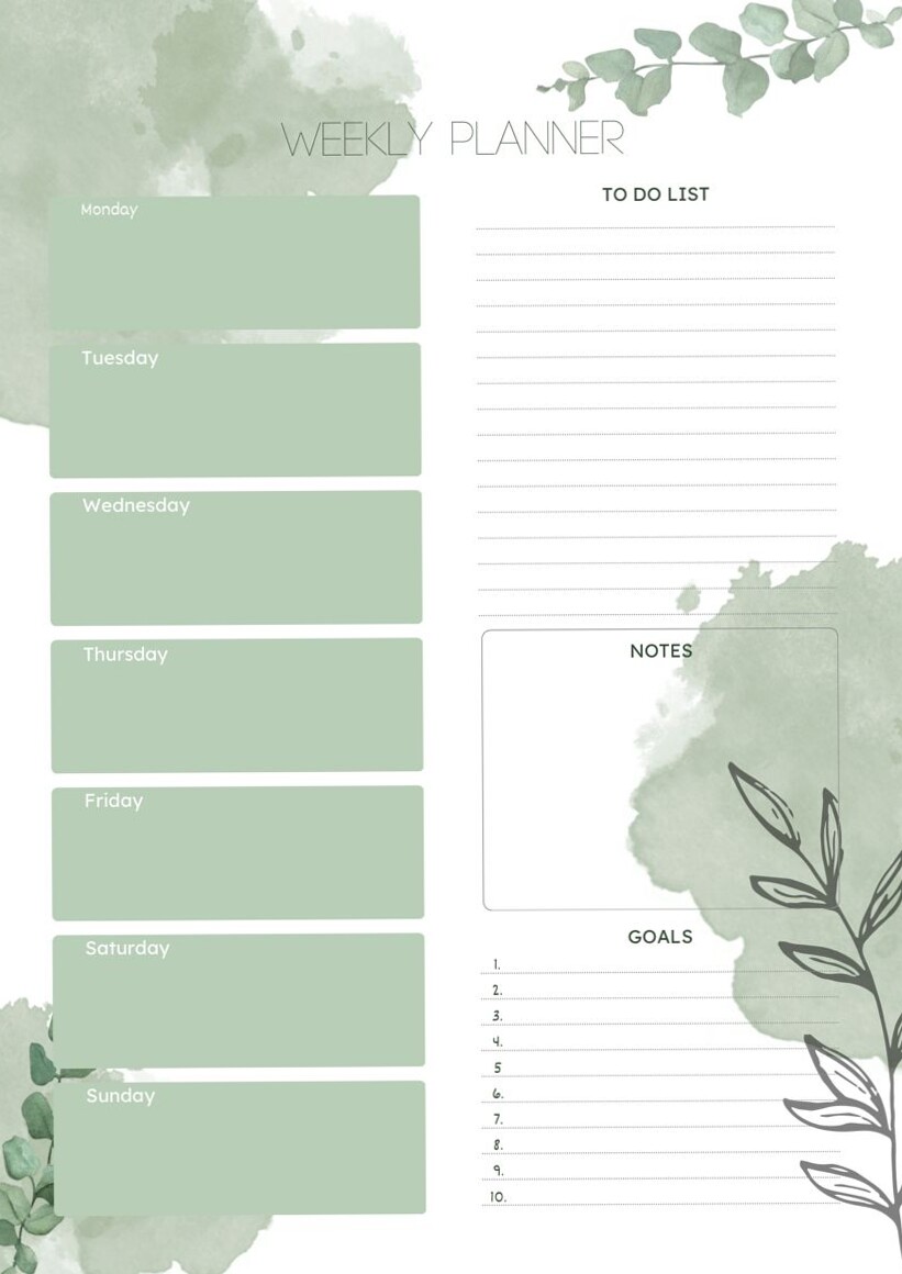 📌 📅 secret to staying productive: Green Leaves Weekly Planner | Digital Design | Creative Asset