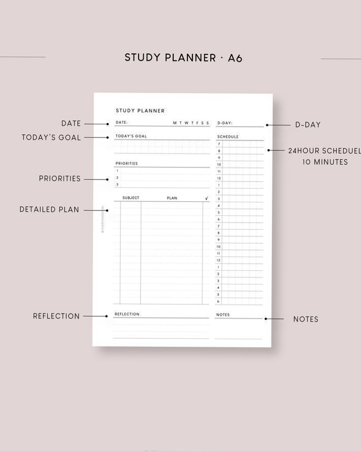 📁 📝 Student Study Planner A6 | 24-Hour 10-Minute Schedule Printable | dream life manifestation