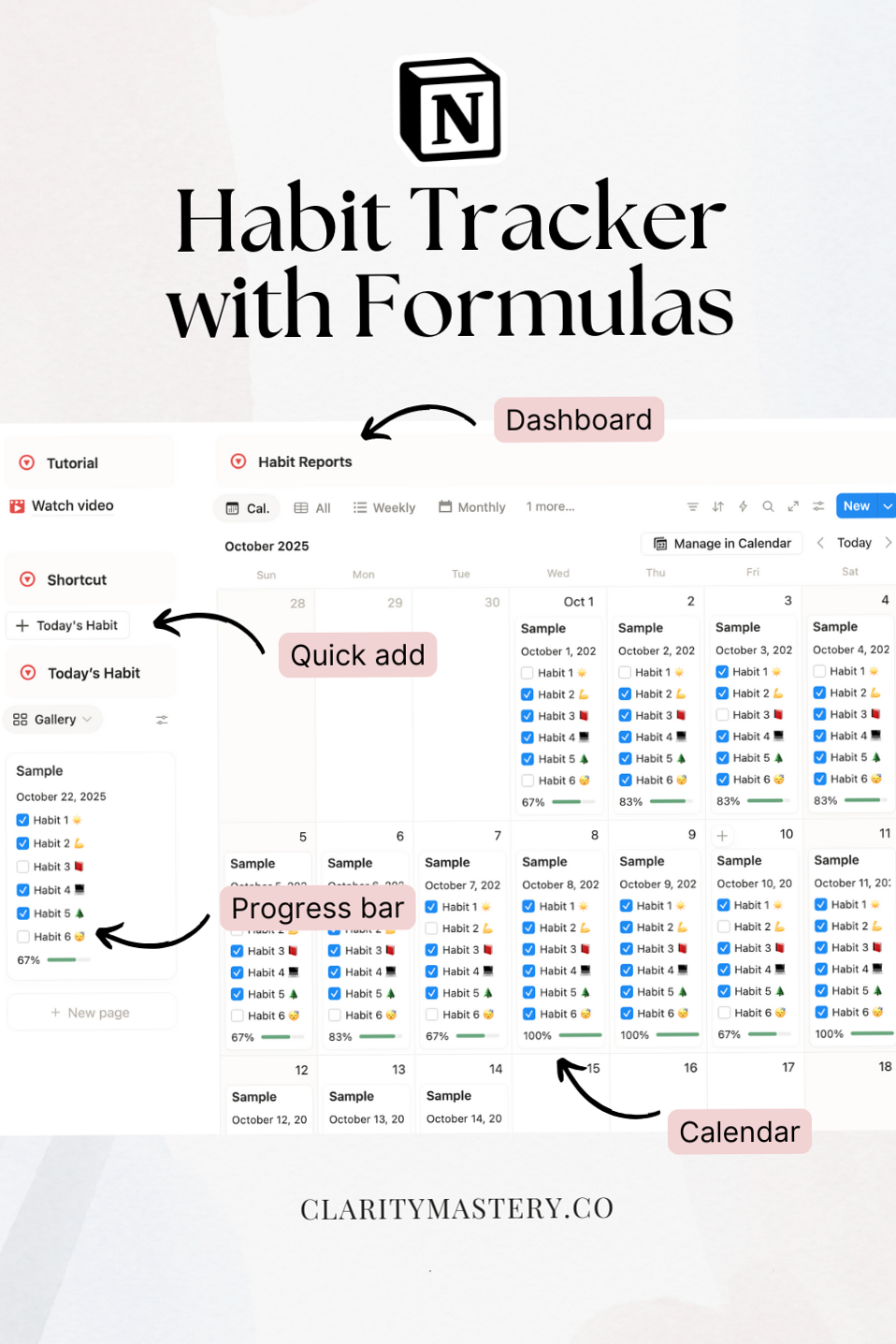 💎 🎨 ultimate printable checklist: Free Notion Habit Tracker with Progress Bars