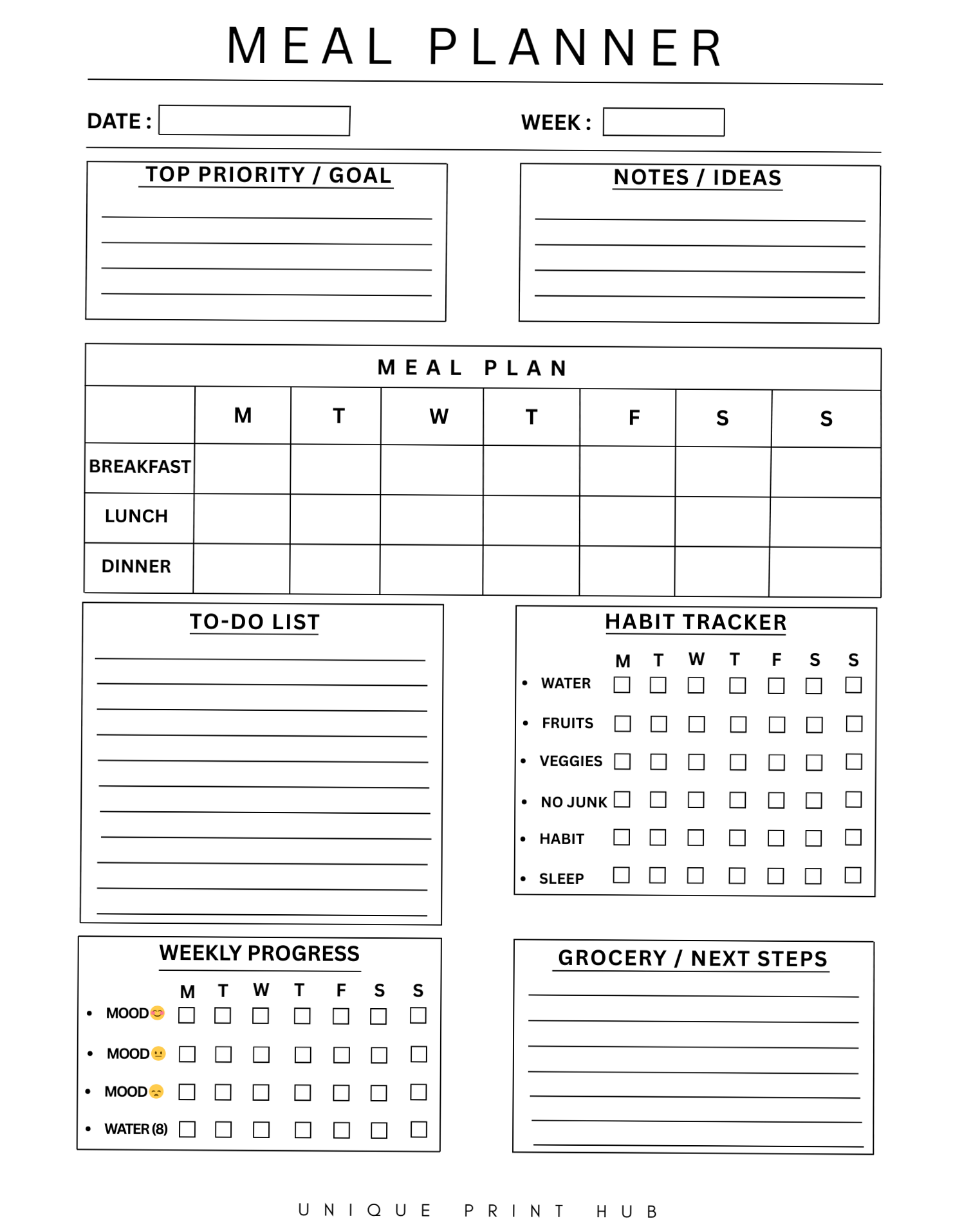 💌 🌸 ultimate printable checklist: Minimal Weekly Meal Planner & Health Habit Tracker Printable