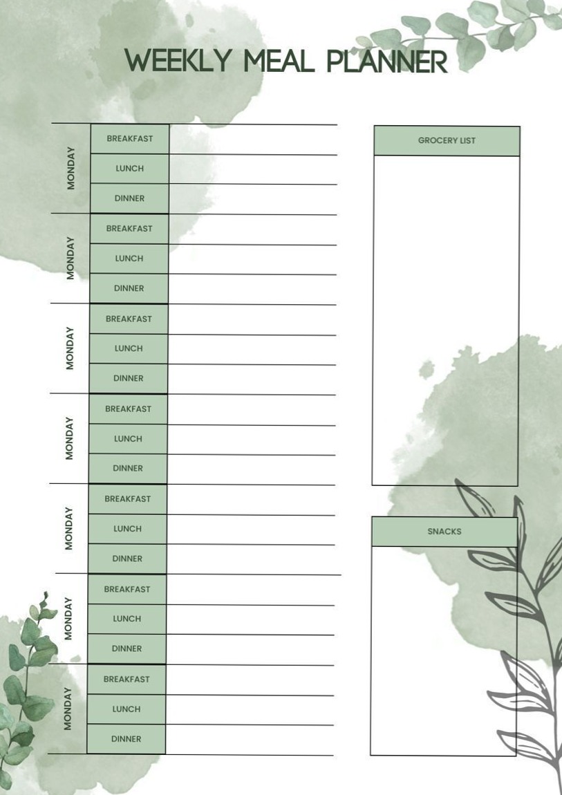 🍰 🌸 Weekly Meal Planner: Green Leaves for Health #kpimetricstemplate | romanticize your routine