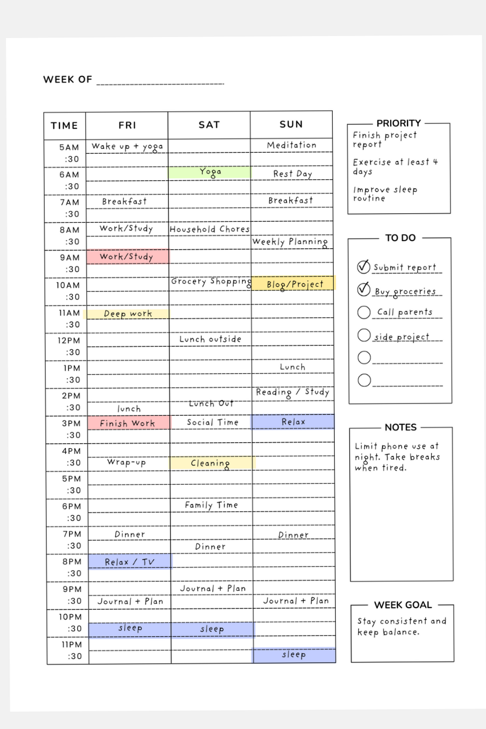 📝 🖇️ Weekly Planner Printable | Half Hour Time Block Schedule | dream life manifestation