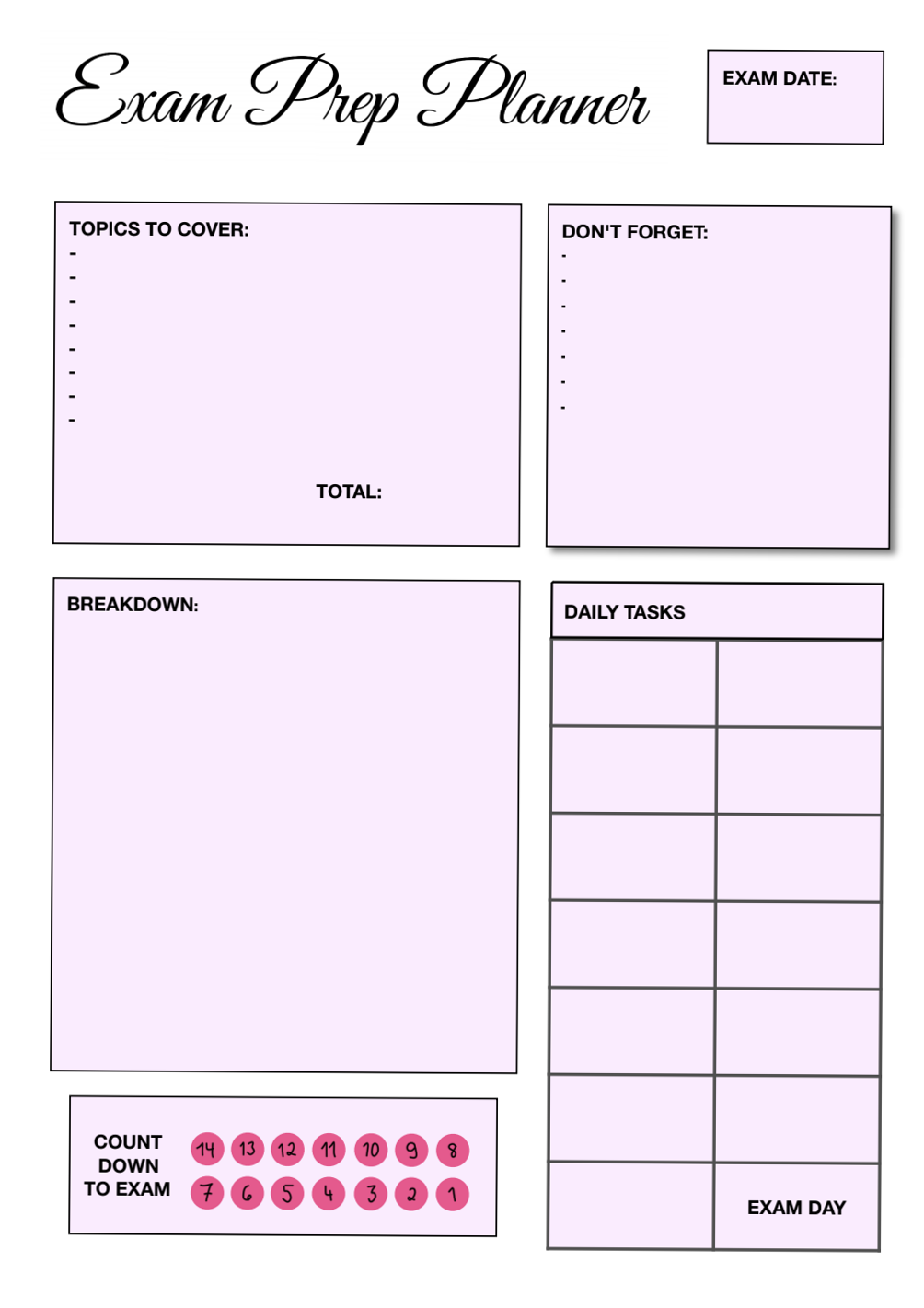 🌸 💌 2-Week Exam Prep Planner | Purple Digital Design | romanticize your routine