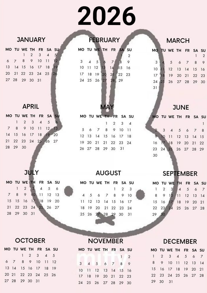 💌 🥂 2026 Miffy Calendar Digital Design Planner Asset | dream life manifestation