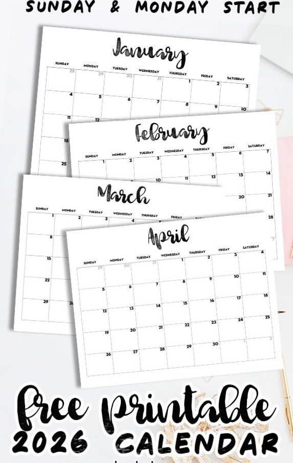 2026 Monthly Calendar — Free Printable (Sunday & Monday Start) — 📁 📁 dream life manifestation