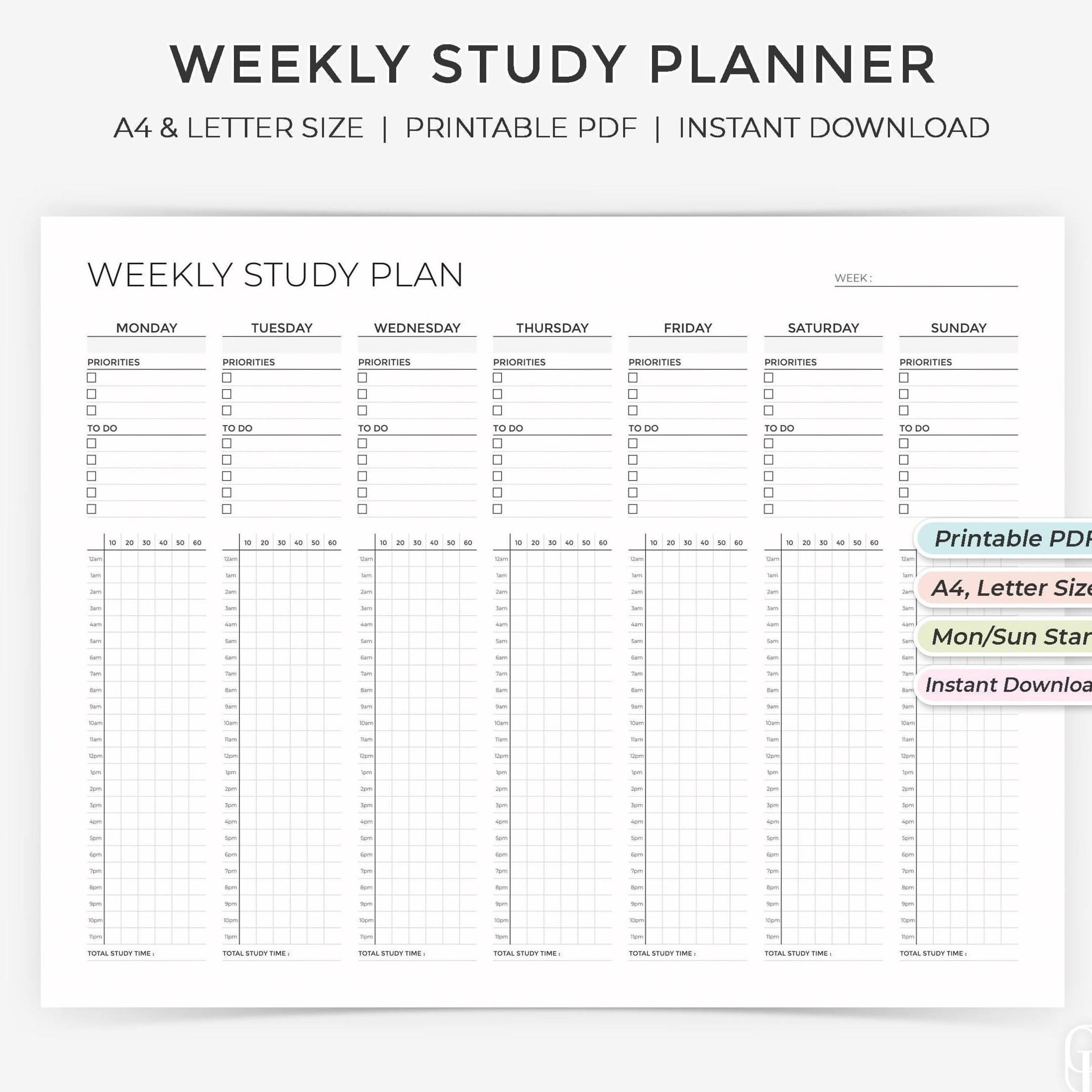 🌈 💎 24-Hour Weekly Study Plan — A4/Letter — Undated Landscape Planner | dream life manifestation