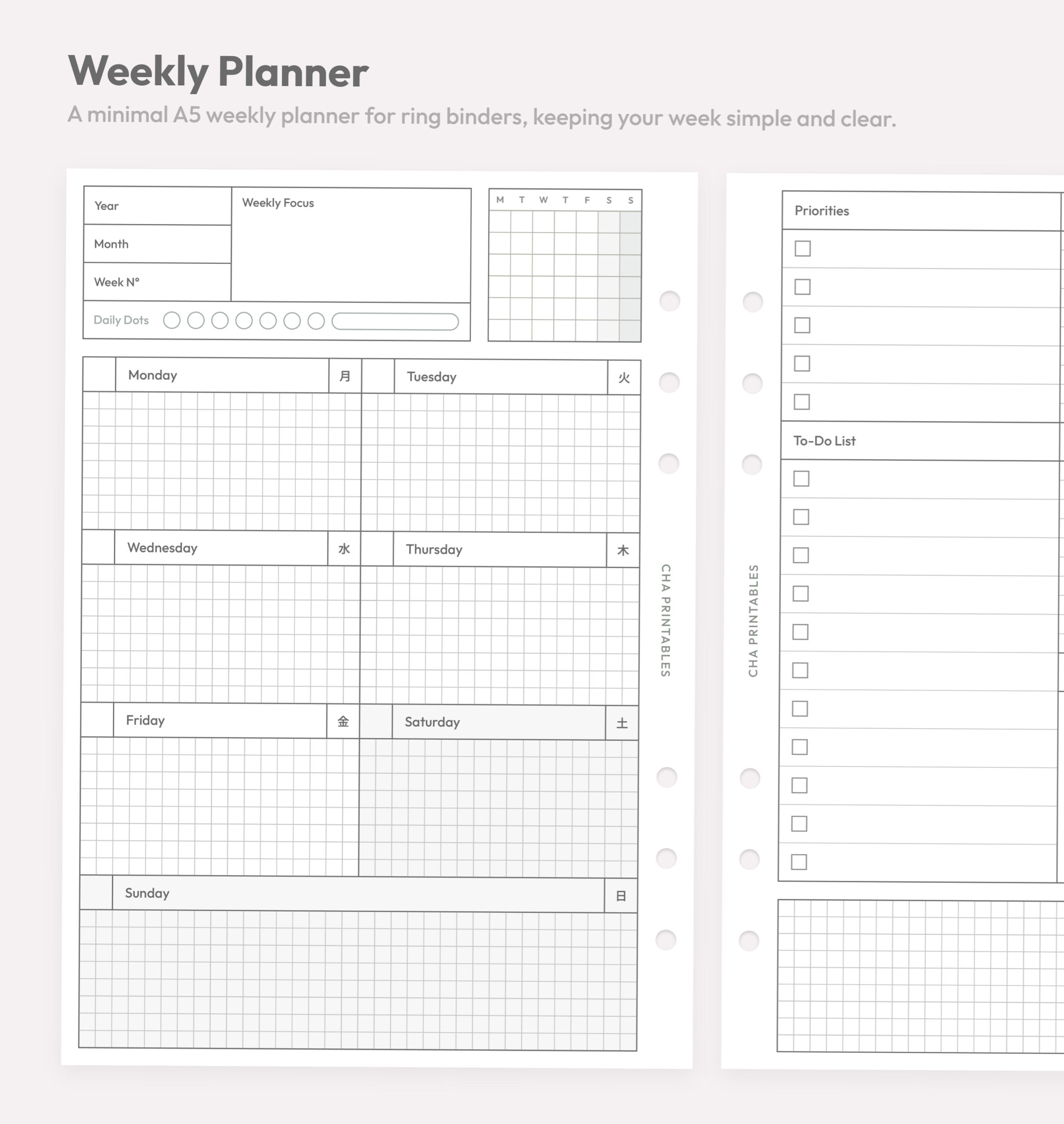 A5 Weekly Planner Inserts — Minimal PDF Refill Pages — 🌿 🤍 romanticize your routine