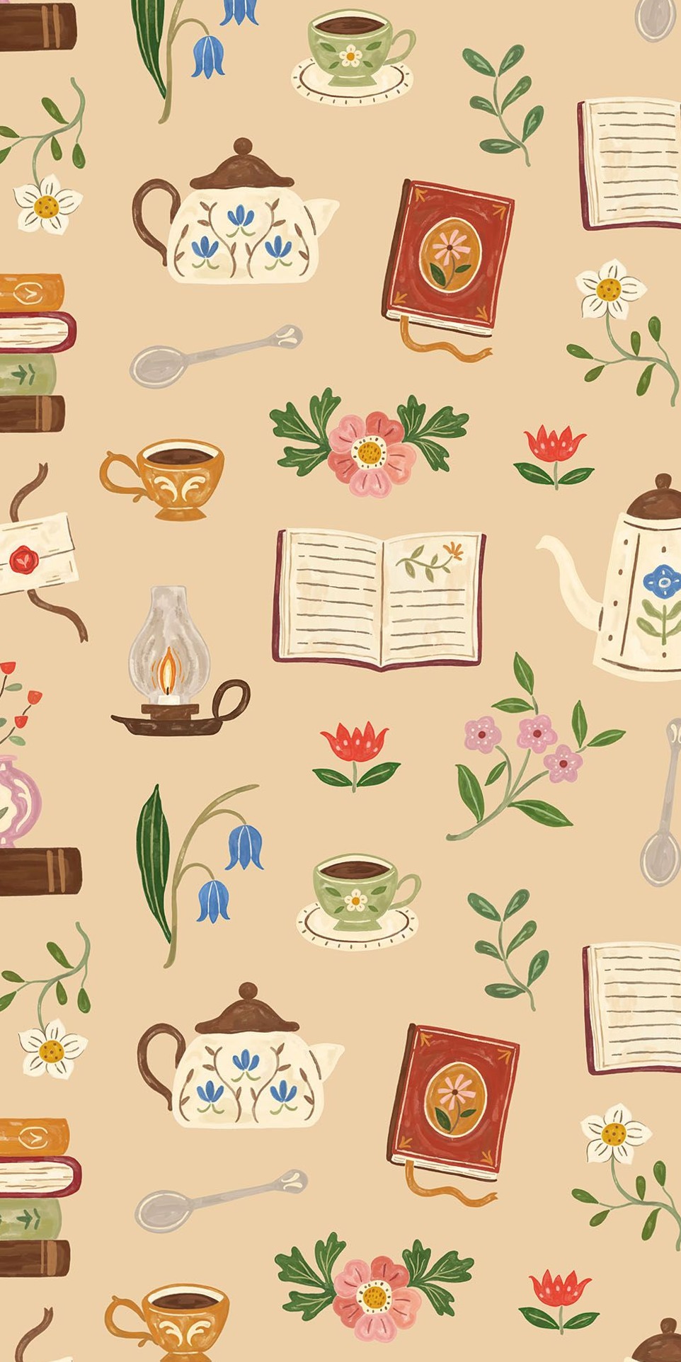 Antique Flowery Books & Tea Pattern Design — 🎨 🌈 secret to staying productive
