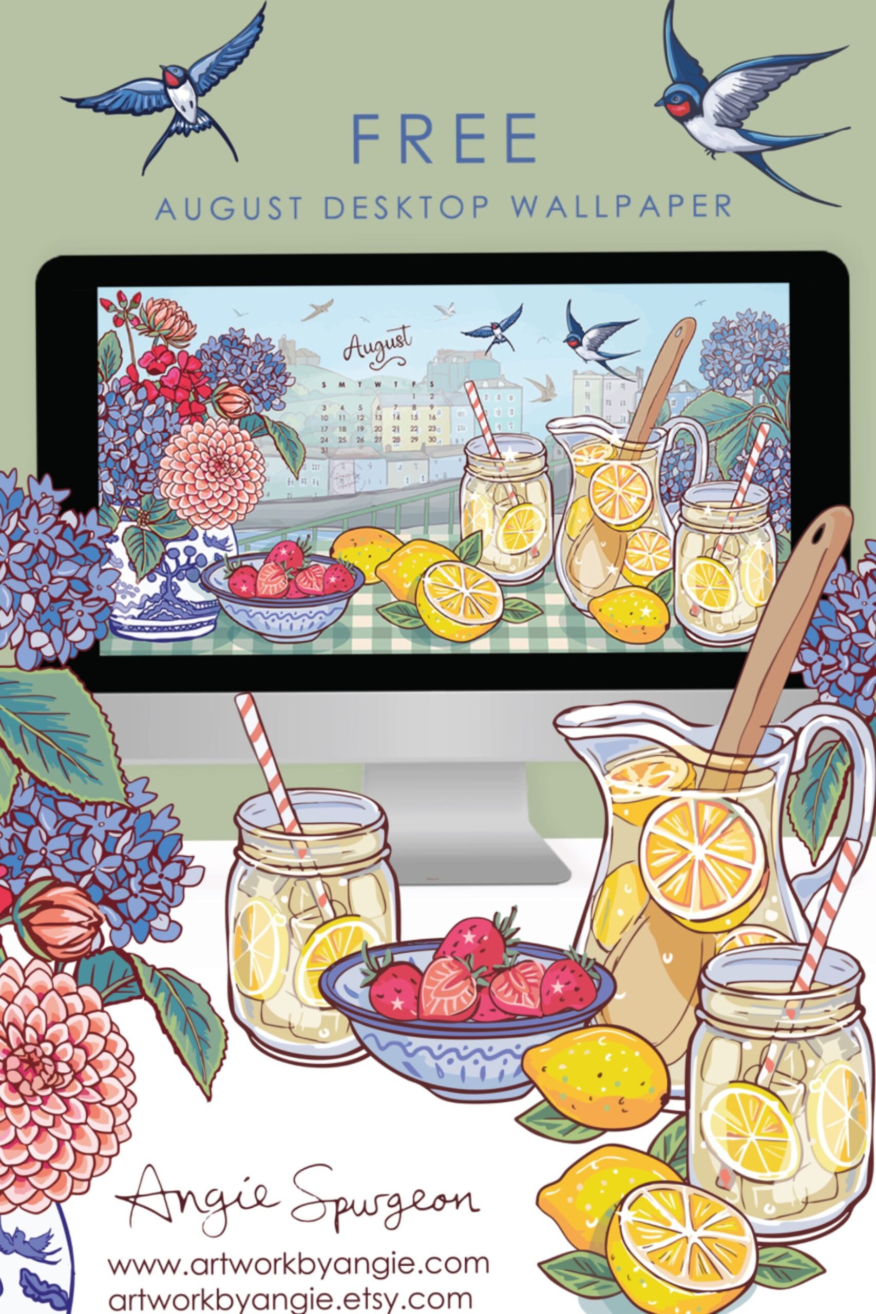 📊 📊 August 2025 Free Desktop Wallpaper | Angie Spurgeon Art | secret to staying productive