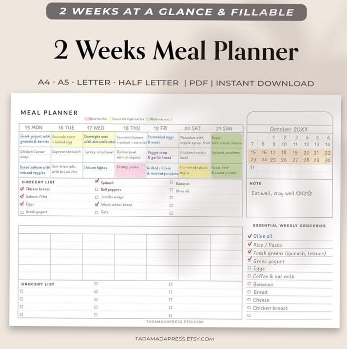 Bi-Weekly Meal Planner Printable — Editable PDF Menu & Grocery List — 💍 💍 secret to staying productive