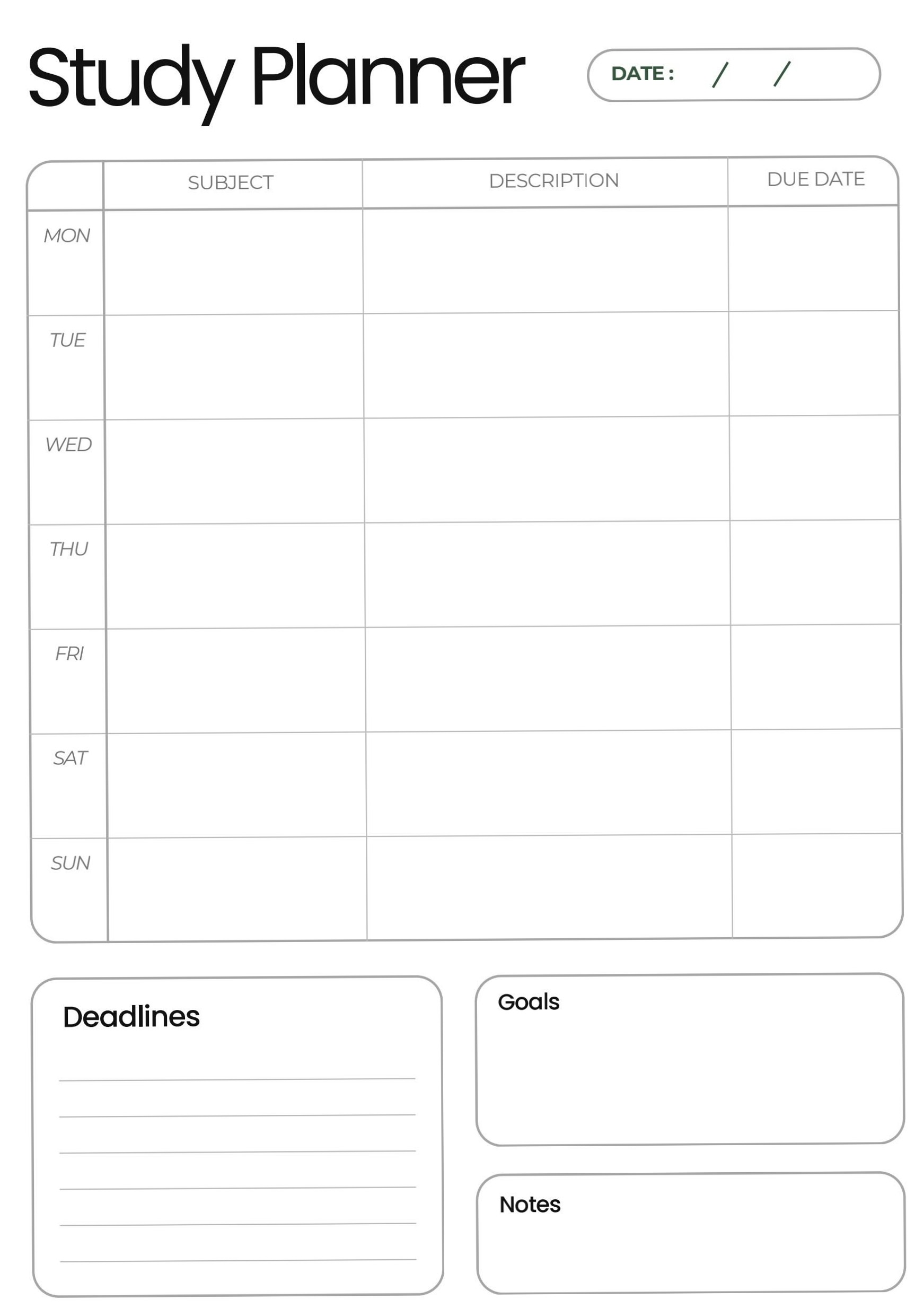 Black & White Printable Study Planner | Digital Design | Creative Planner Asset — 🍰 🥂 romanticize your routine