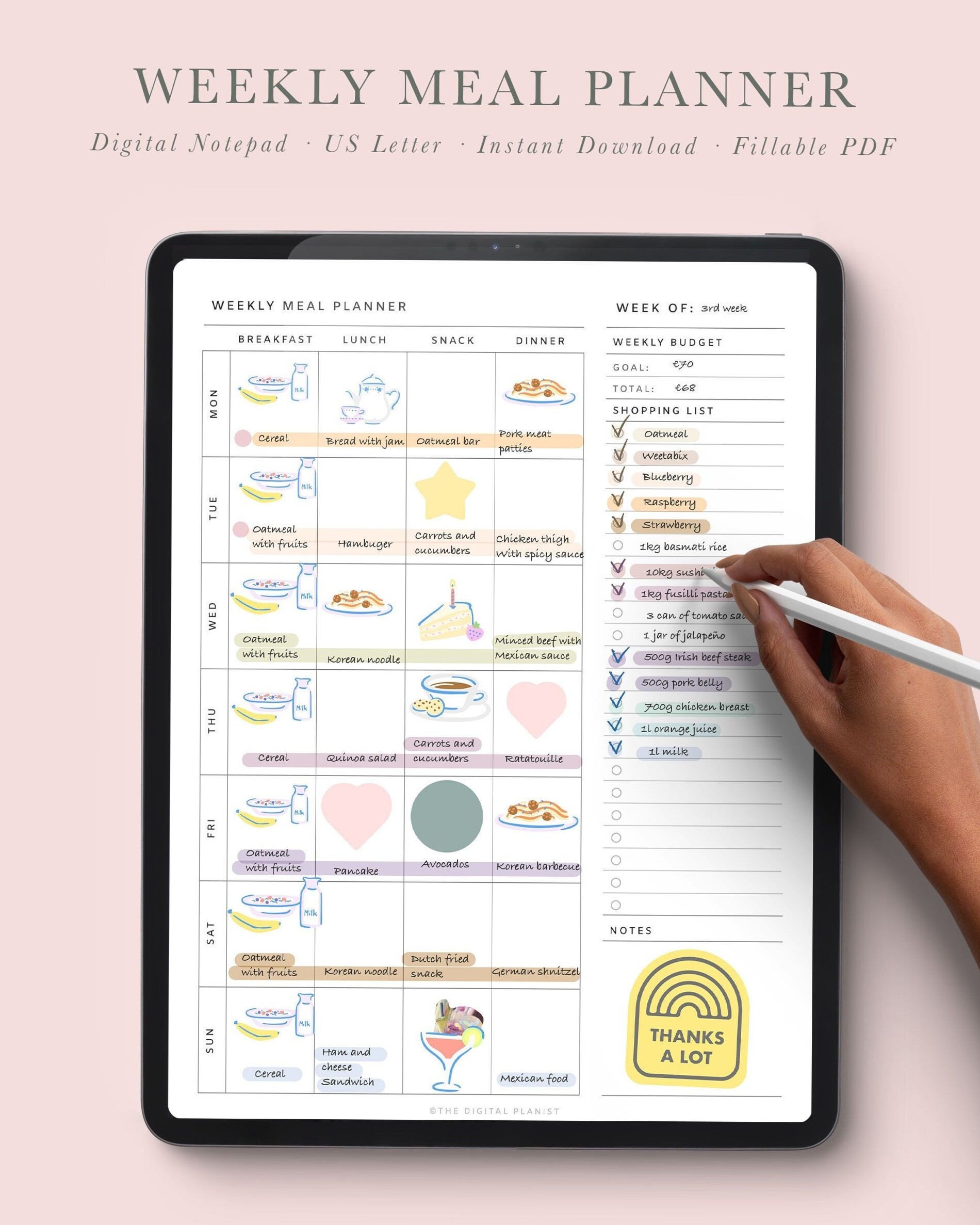 Budget-Friendly Weekly Meal Plan with Grocery List & Snacks | US Letter Template — 🖇️ 📁 stay inspired all year long