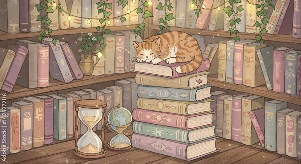 Cozy Cat Bookshelf Illustration for Digital Design — 🎨 🪄 stay inspired all year long
