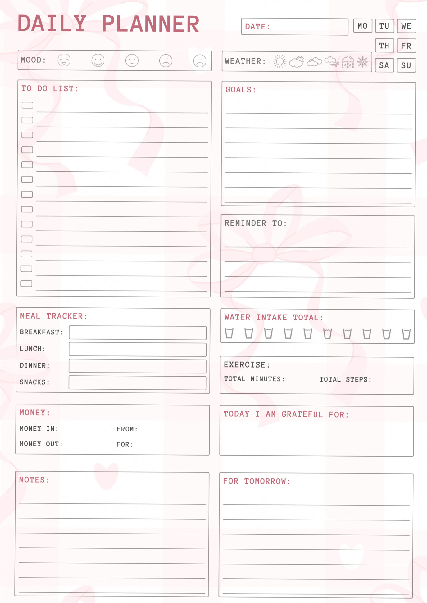 Cute Pink Coquette Daily Planner Template — 🌸 💍 romanticize your routine