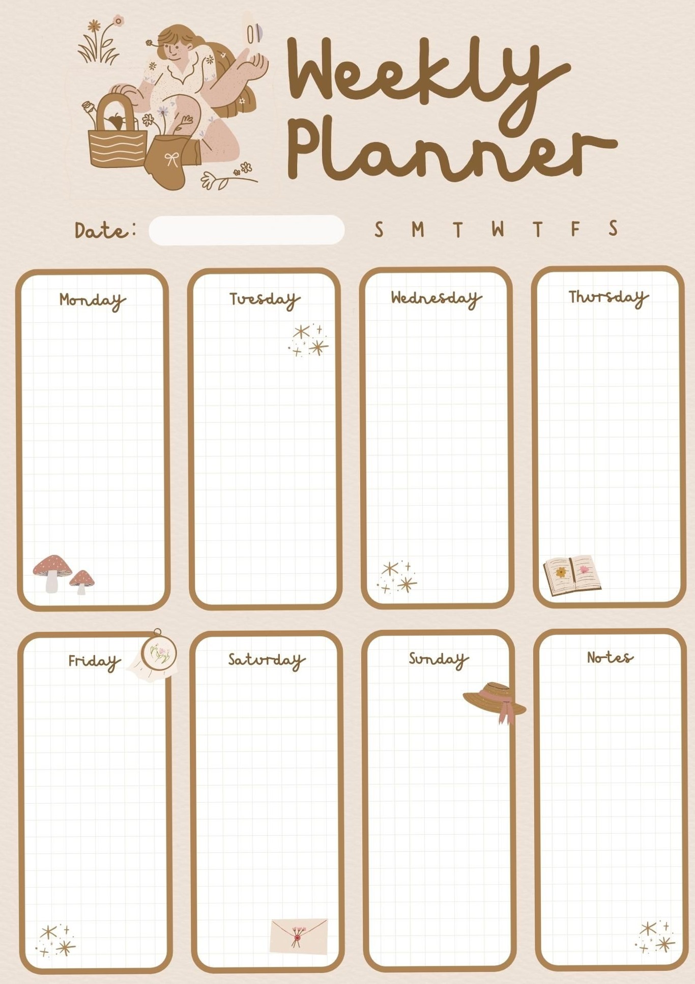 📁 📁 dream life manifestation: Beige Brown Texture Cute Cottagecore Weekly Planner A4 Template