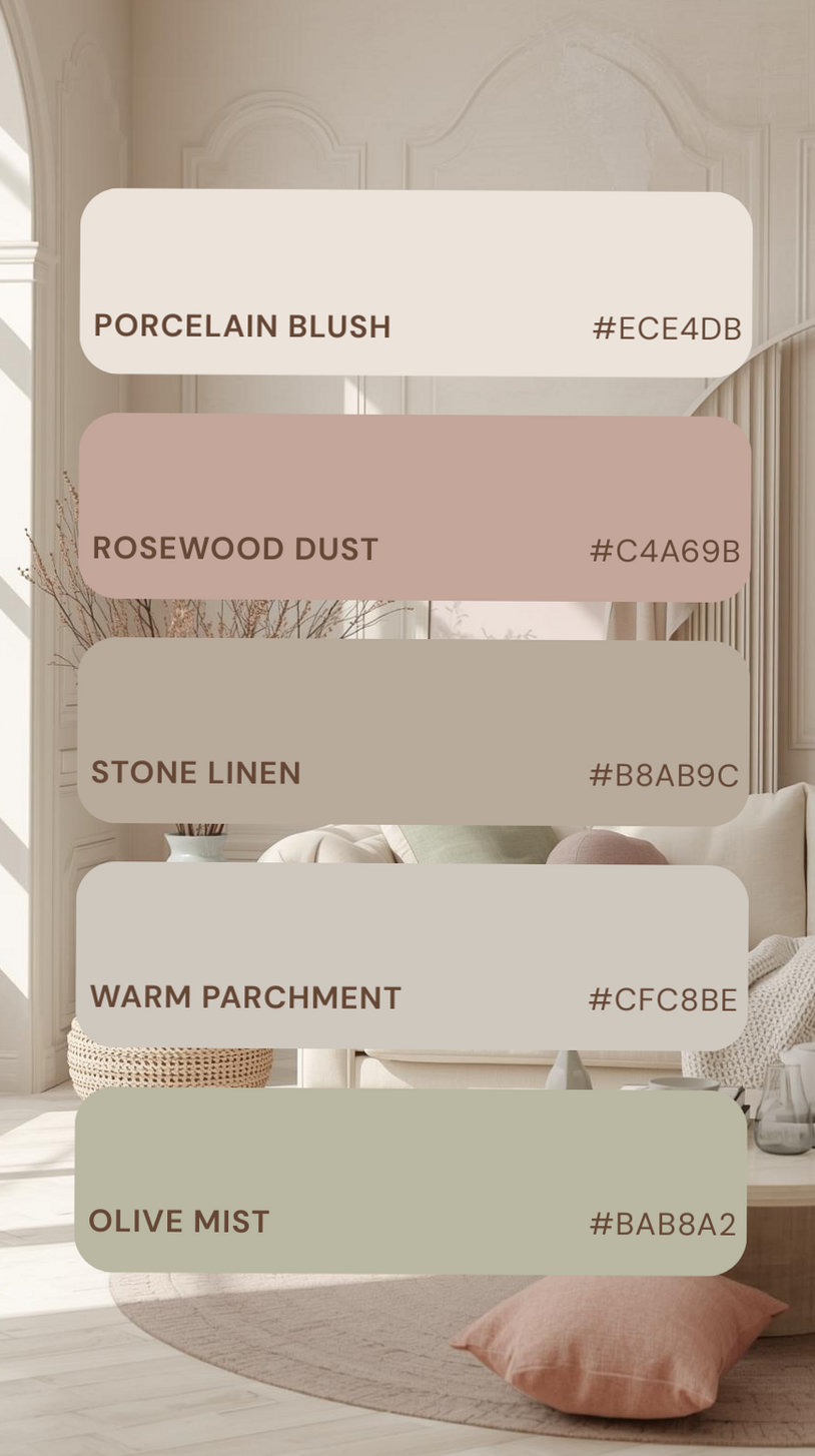 🖌️ 📍 dream life manifestation: Soft Neutral Interior Palette: Porcelain Blush to Olive Mist