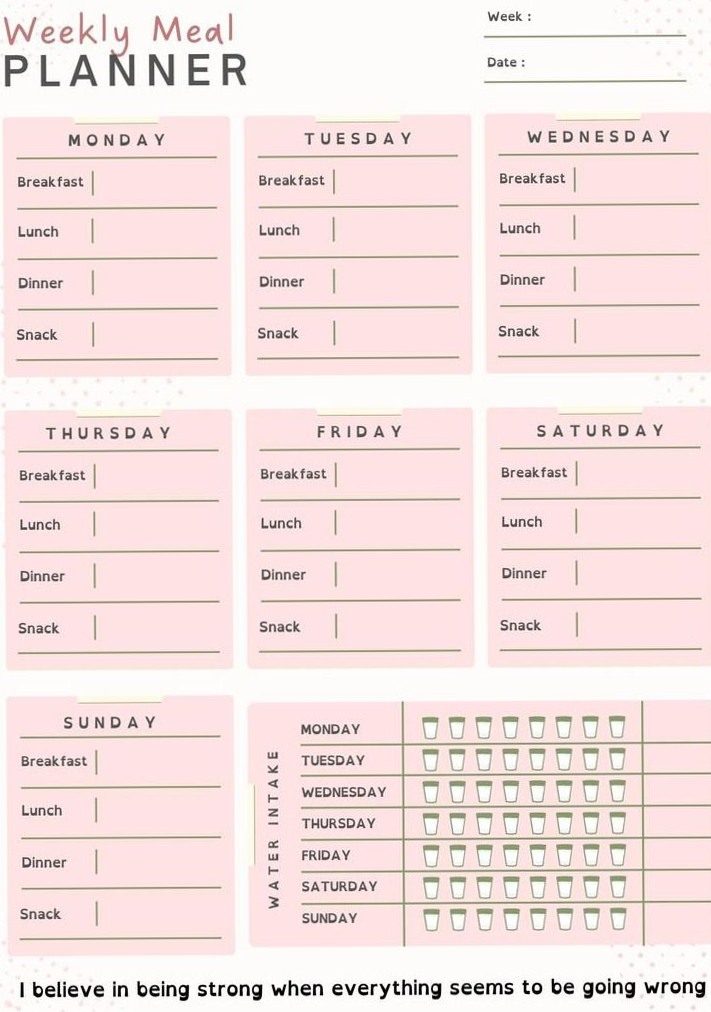 🥂 💍 essential planning guide: Weekly Meal & Water Tracker — Dyslexia Friendly Design