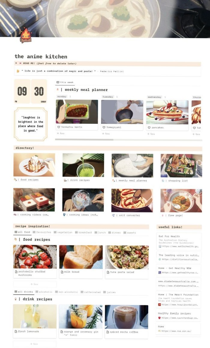 🌈 🎨 Free Notion Template: The Anime Kitchen | Meal Planner & Recipe Templates 2024 | pro digital dashboard