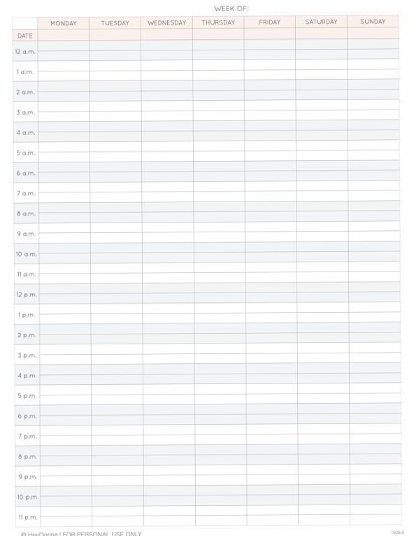 Free Printable 24-Hour Weekly Calendar Template — 🤍 🕯️ dream life manifestation