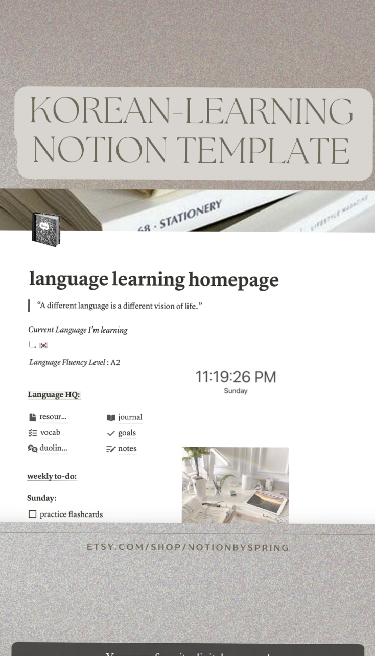 Korean Language Learning Notion Template for Digital Planners & Creative Assets — 🎨 🪄 only tool for life admin