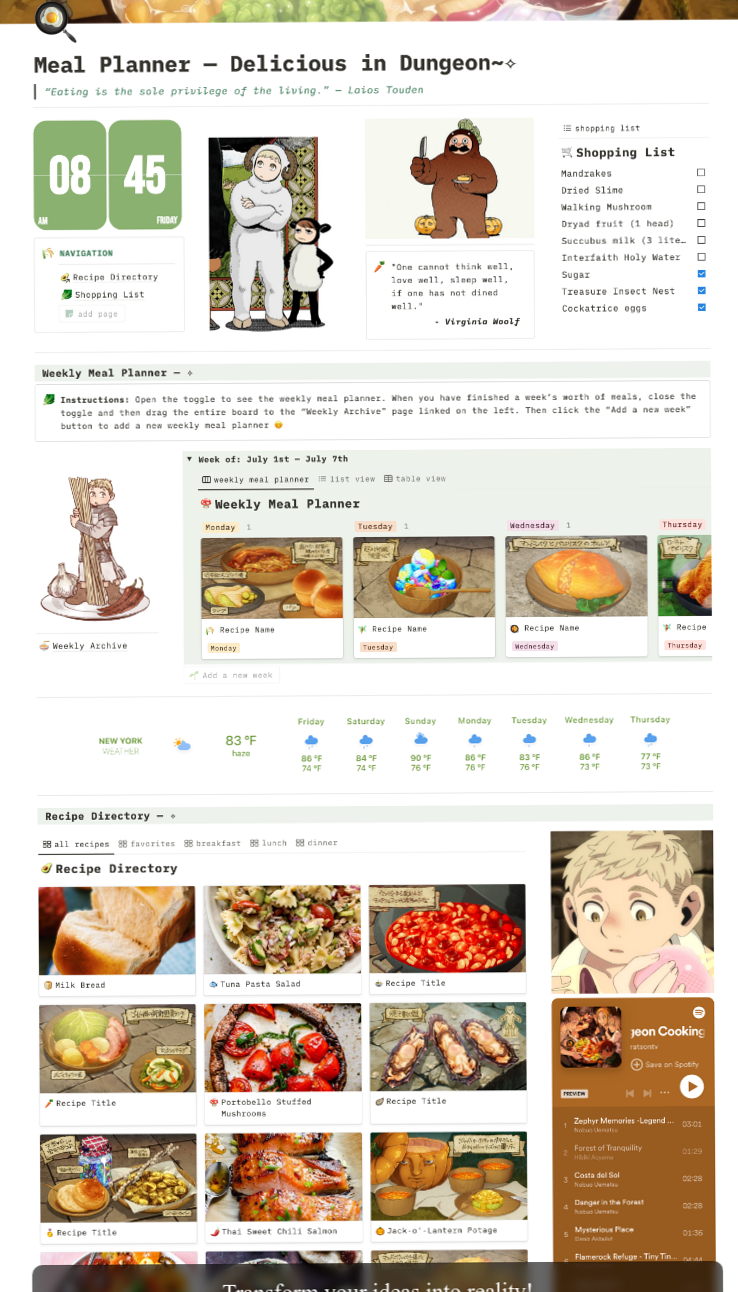💍 👰 Meal Planner Notion Template with Dungeon Meshi Recipes & Recipe Cards | pro digital dashboard