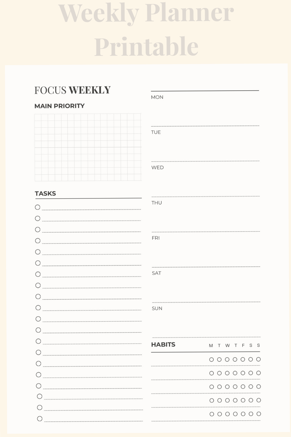 Minimal Weekly Planner — Focus & Priorities Printable — 🖌️ 🎨 romanticize your routine
