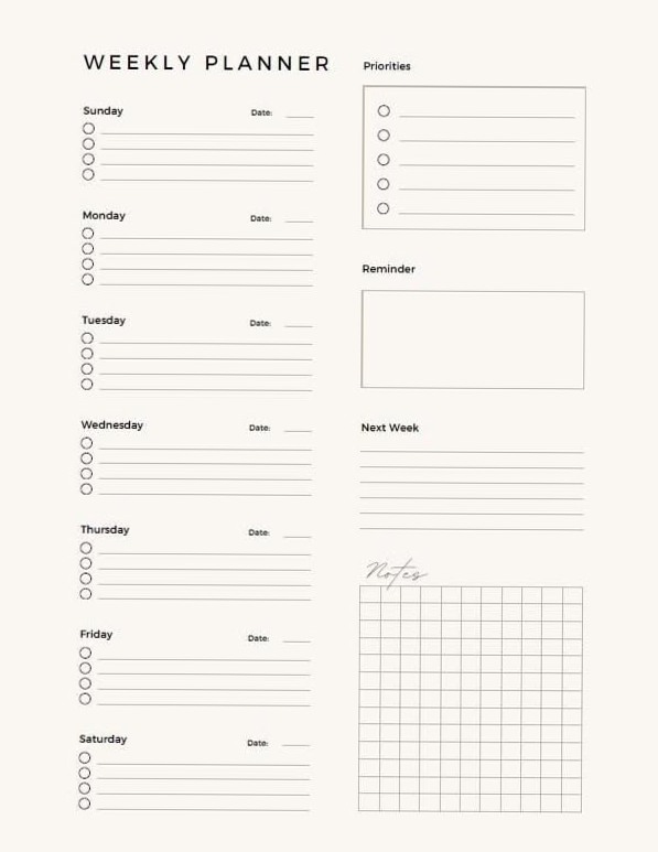 Minimalist Week Planner Printable Design — 🌸 🥂 dream life manifestation