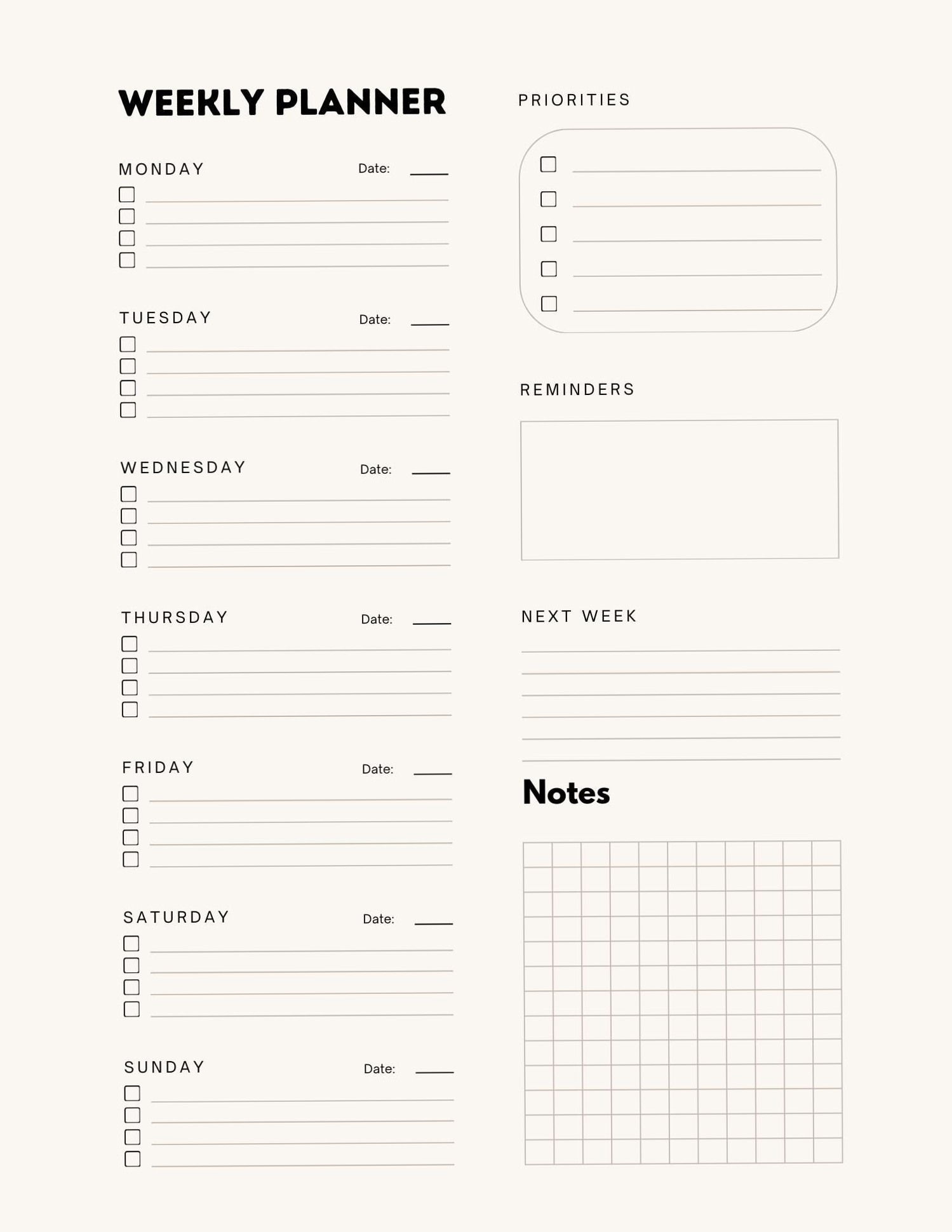 📝 📊 Minimalist Weekly Planner Page | Instant Download PDF | romanticize your routine