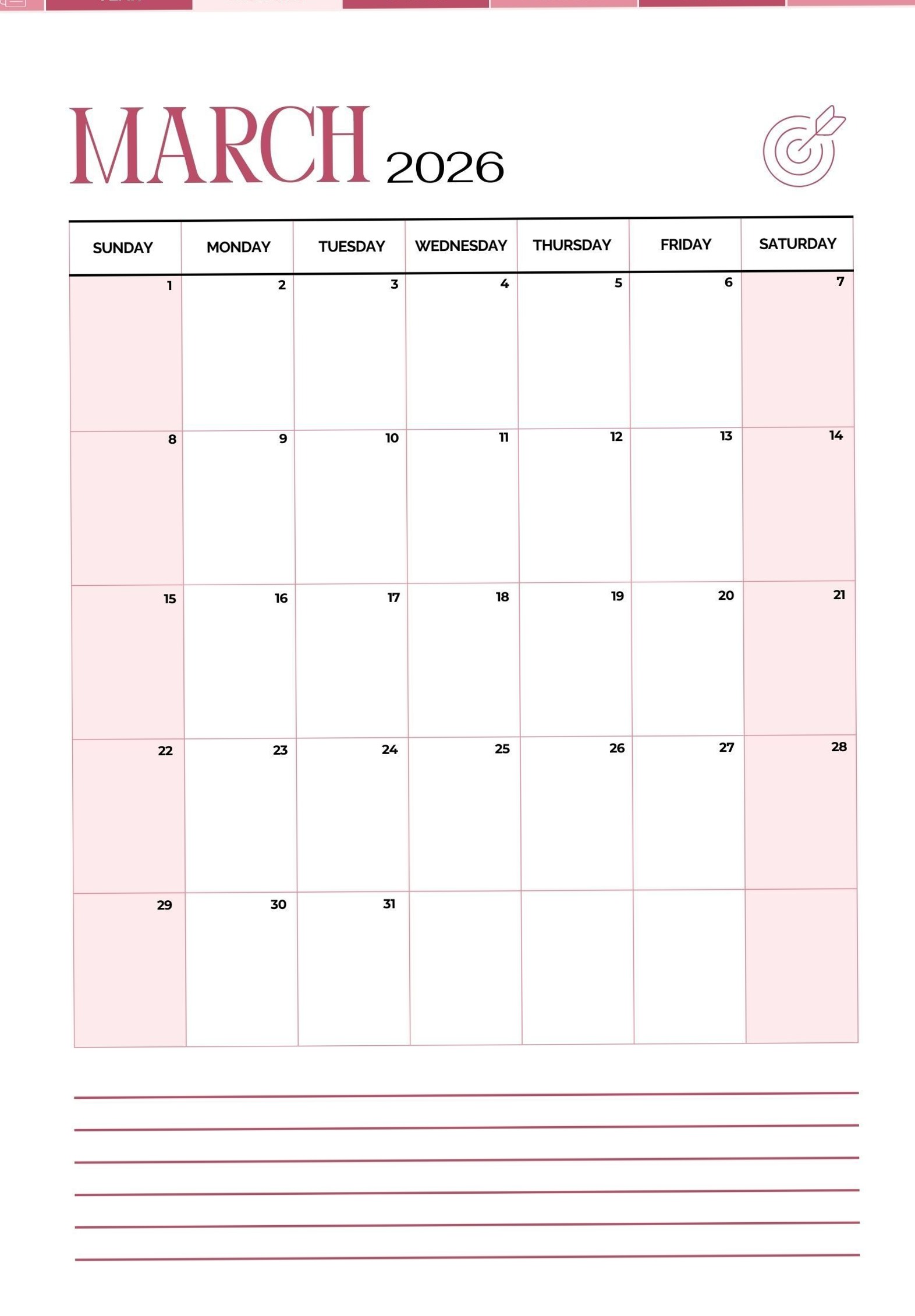 Monthly Calendar Page for Time Management 2026 — 🕯️ 🌿 dream life manifestation