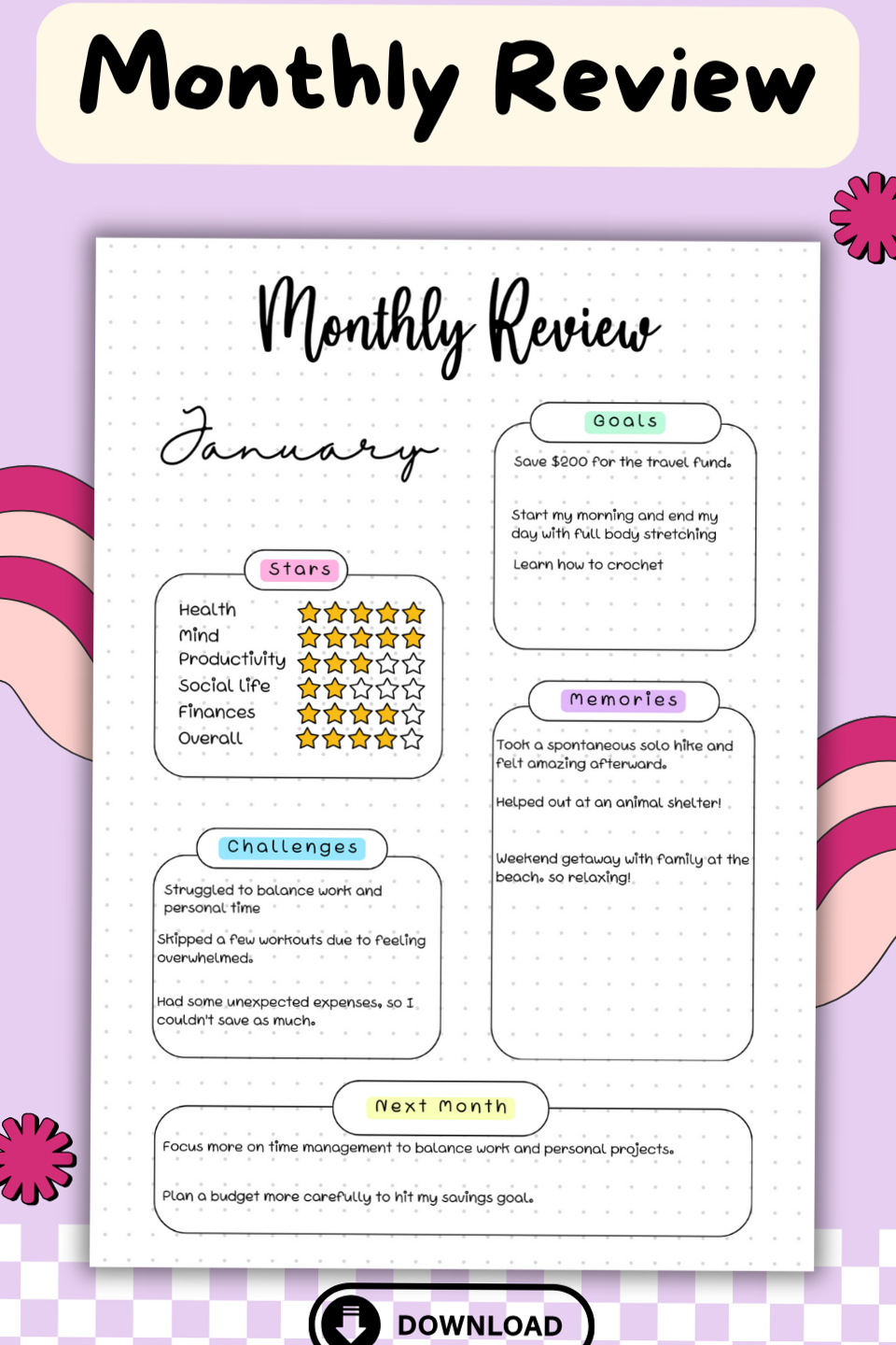 💎 🪄 Monthly Review Bullet Journal Page Planner Printable | dream life manifestation